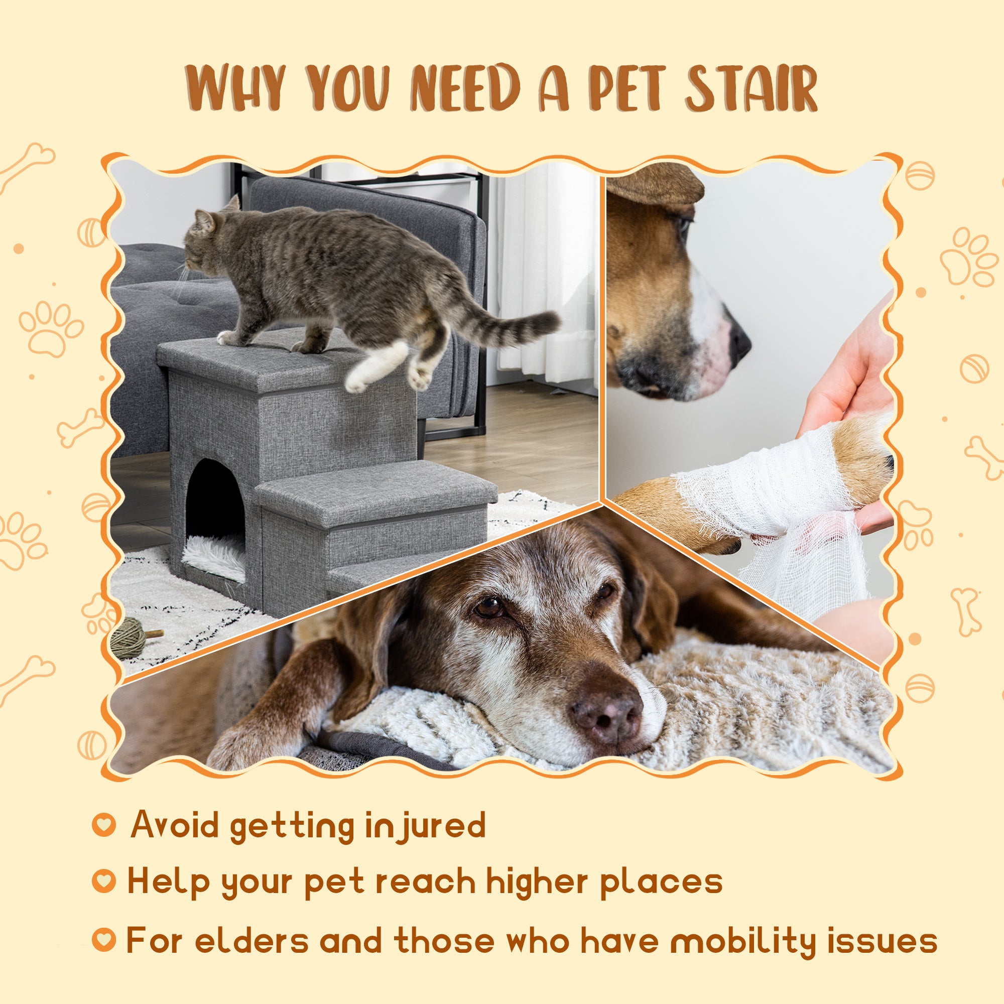 PawHut Dog Stairs for Small Dogs, 3-Step Cat Pet Stairs for High Bed with Storage and Condo House, Washable Cushion, Dog Steps for Couch, Sofa, Light Grey