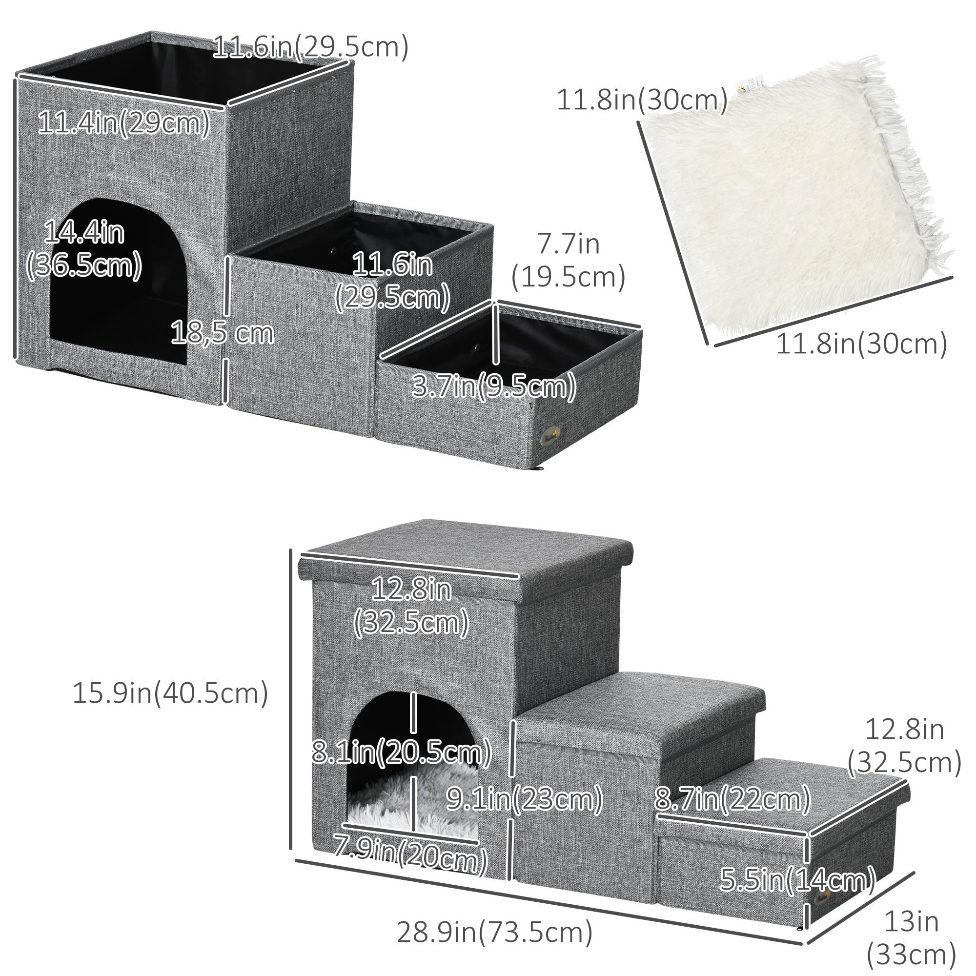 PawHut Dog Stairs for Small Dogs, 3-Step Cat Pet Stairs for High Bed with Storage and Condo House, Washable Cushion, Dog Steps for Couch, Sofa, Light Grey