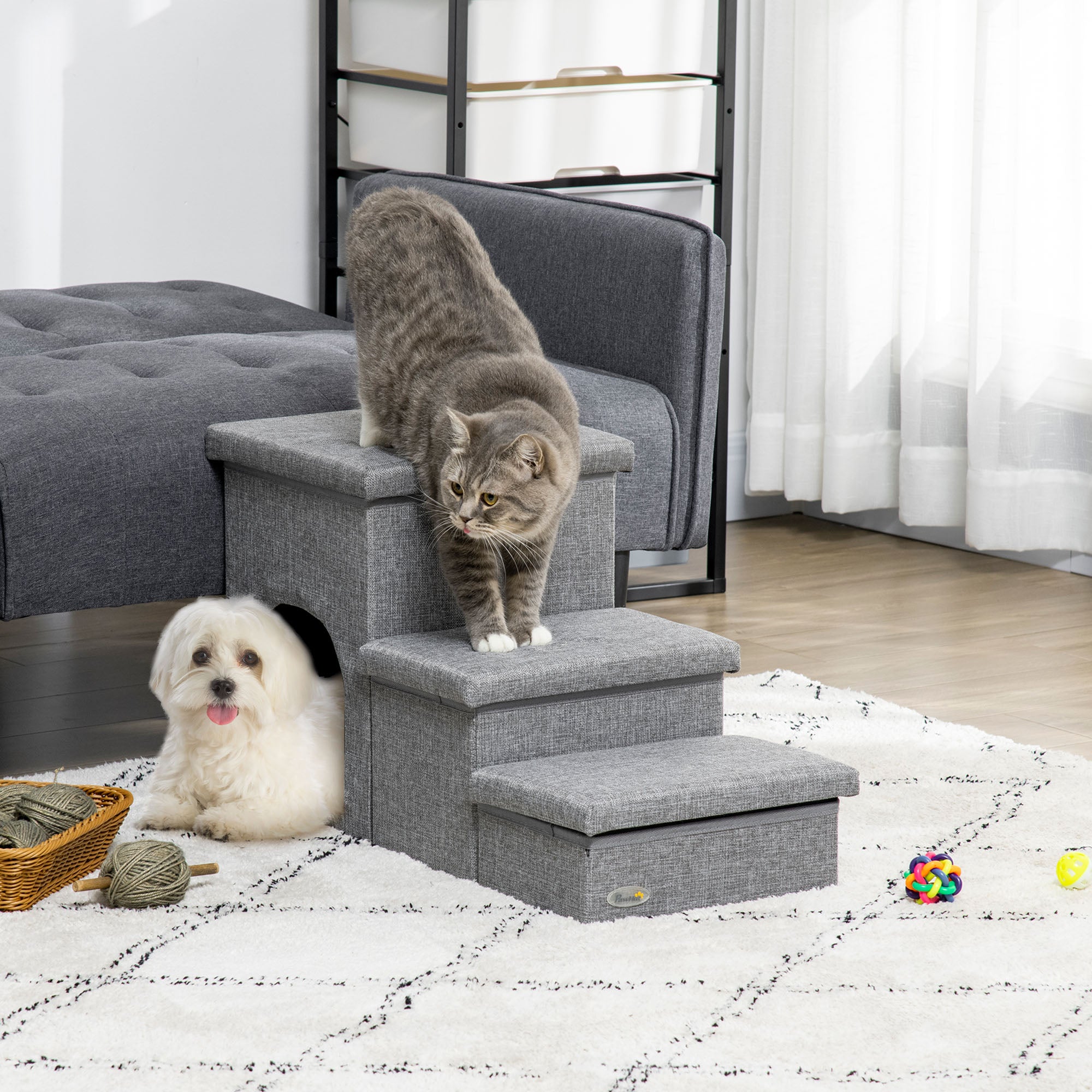 PawHut Dog Stairs for Small Dogs, 3-Step Cat Pet Stairs for High Bed with Storage and Condo House, Washable Cushion, Dog Steps for Couch, Sofa, Light Grey