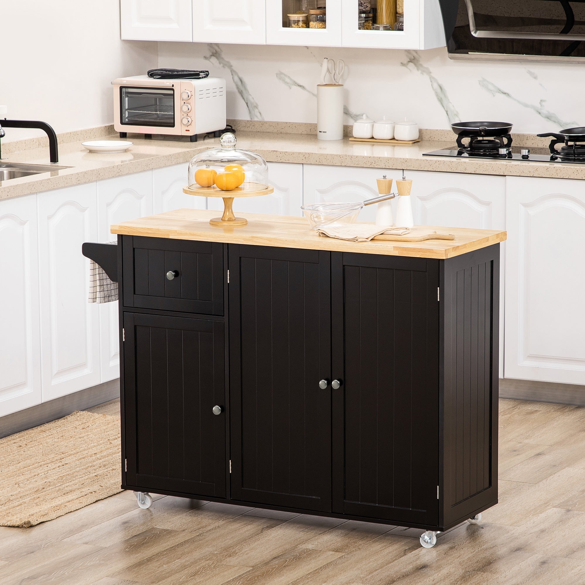 HOMCOM Rolling Kitchen Island on Wheels, Kitchen Island Cart with Rubber Wood Top, Towel Rack, Storage Cabinets and Drawer, Black