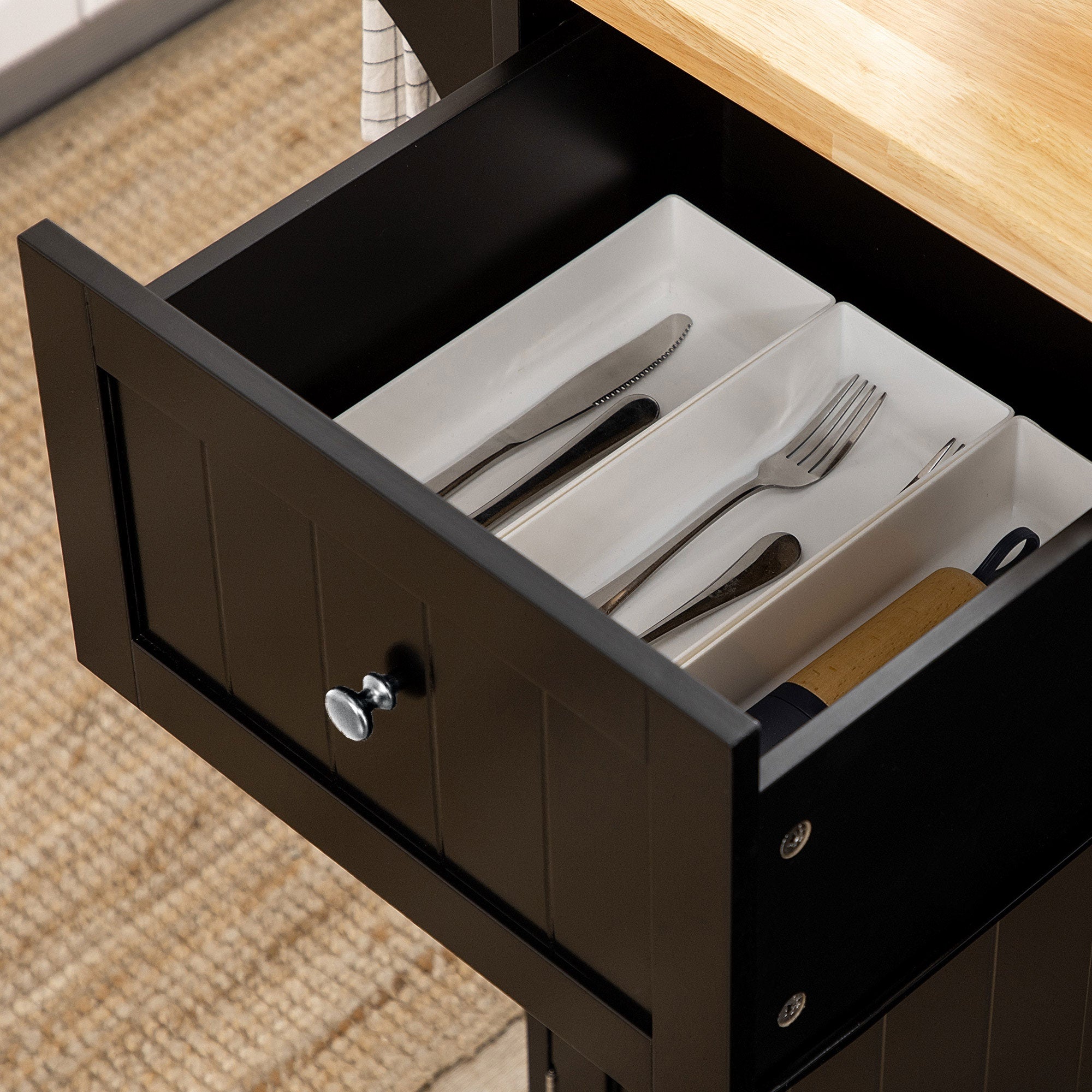 HOMCOM Rolling Kitchen Island on Wheels, Kitchen Island Cart with Rubber Wood Top, Towel Rack, Storage Cabinets and Drawer, Black