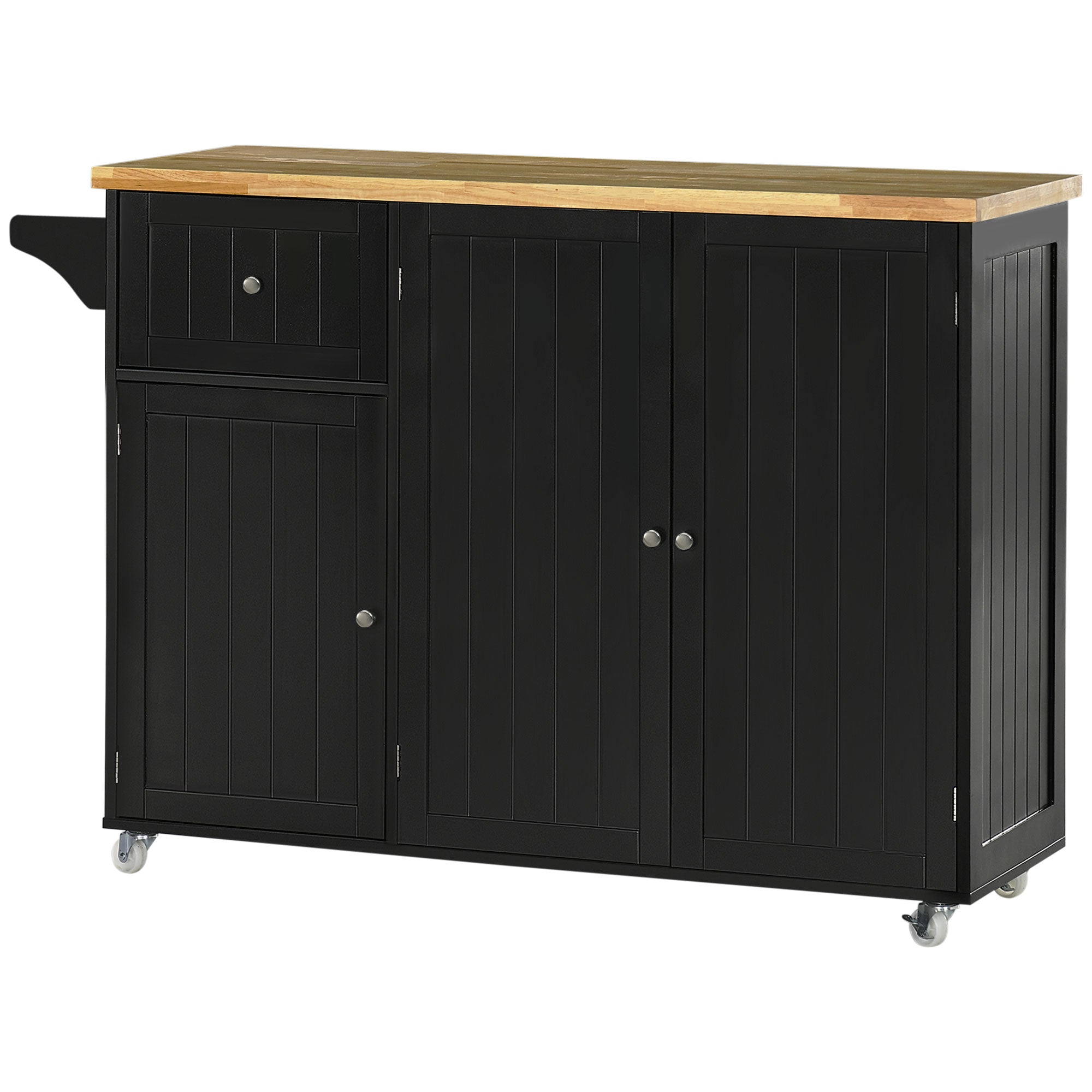HOMCOM Rolling Kitchen Island on Wheels, Kitchen Island Cart with Rubber Wood Top, Towel Rack, Storage Cabinets and Drawer, Black