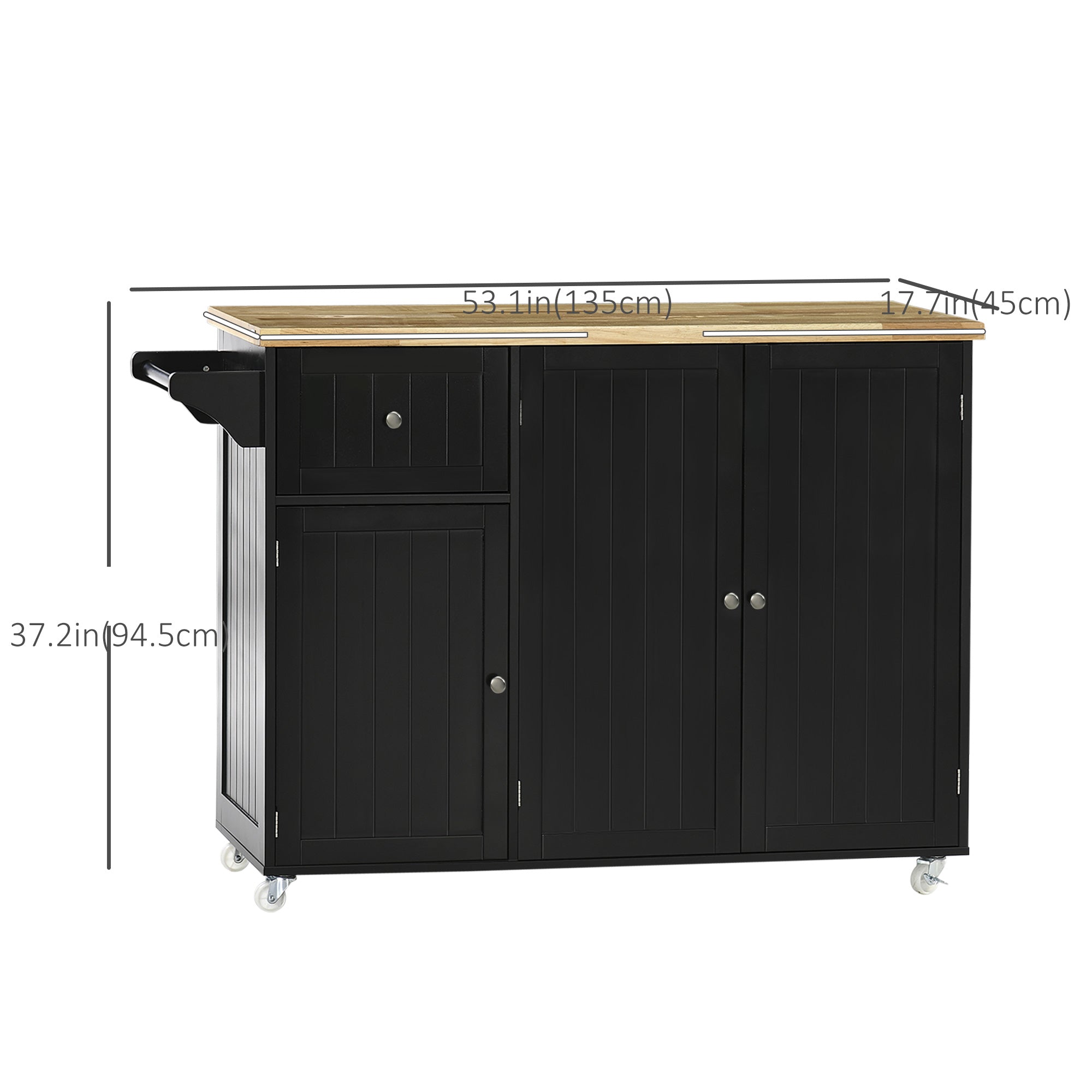 HOMCOM Rolling Kitchen Island on Wheels, Kitchen Island Cart with Rubber Wood Top, Towel Rack, Storage Cabinets and Drawer, Black