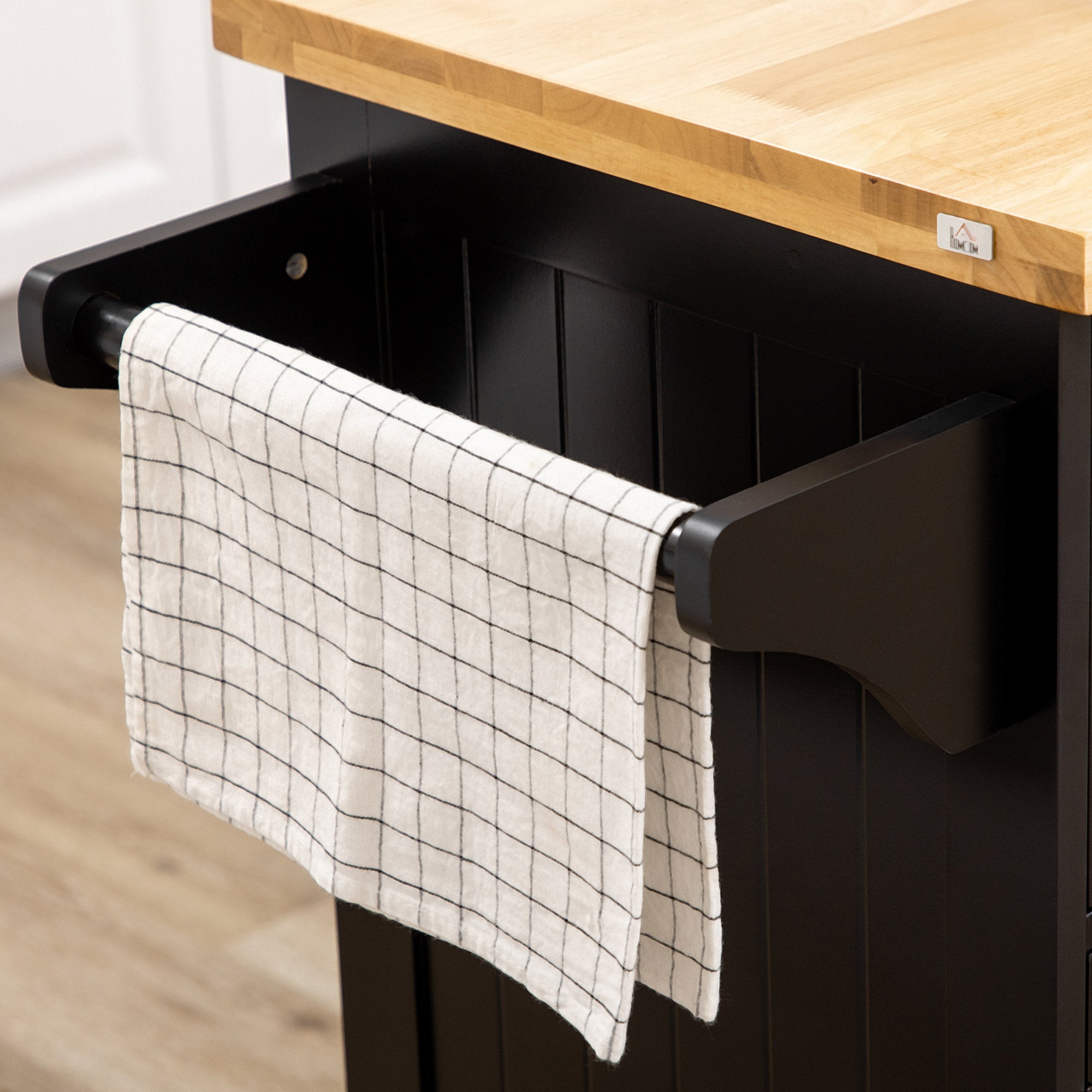 HOMCOM Rolling Kitchen Island on Wheels, Kitchen Island Cart with Rubber Wood Top, Towel Rack, Storage Cabinets and Drawer, Black