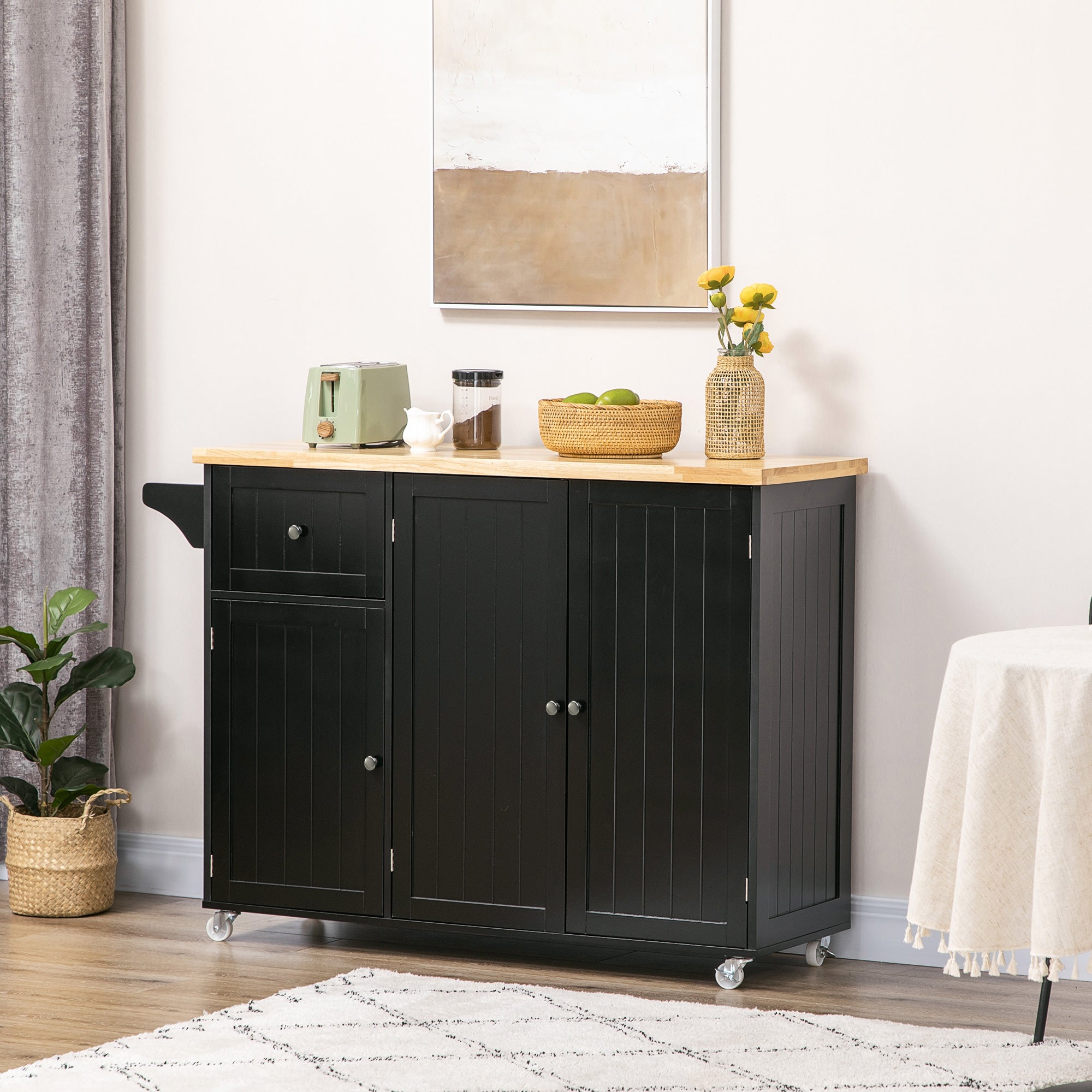 HOMCOM Rolling Kitchen Island on Wheels, Kitchen Island Cart with Rubber Wood Top, Towel Rack, Storage Cabinets and Drawer, Black