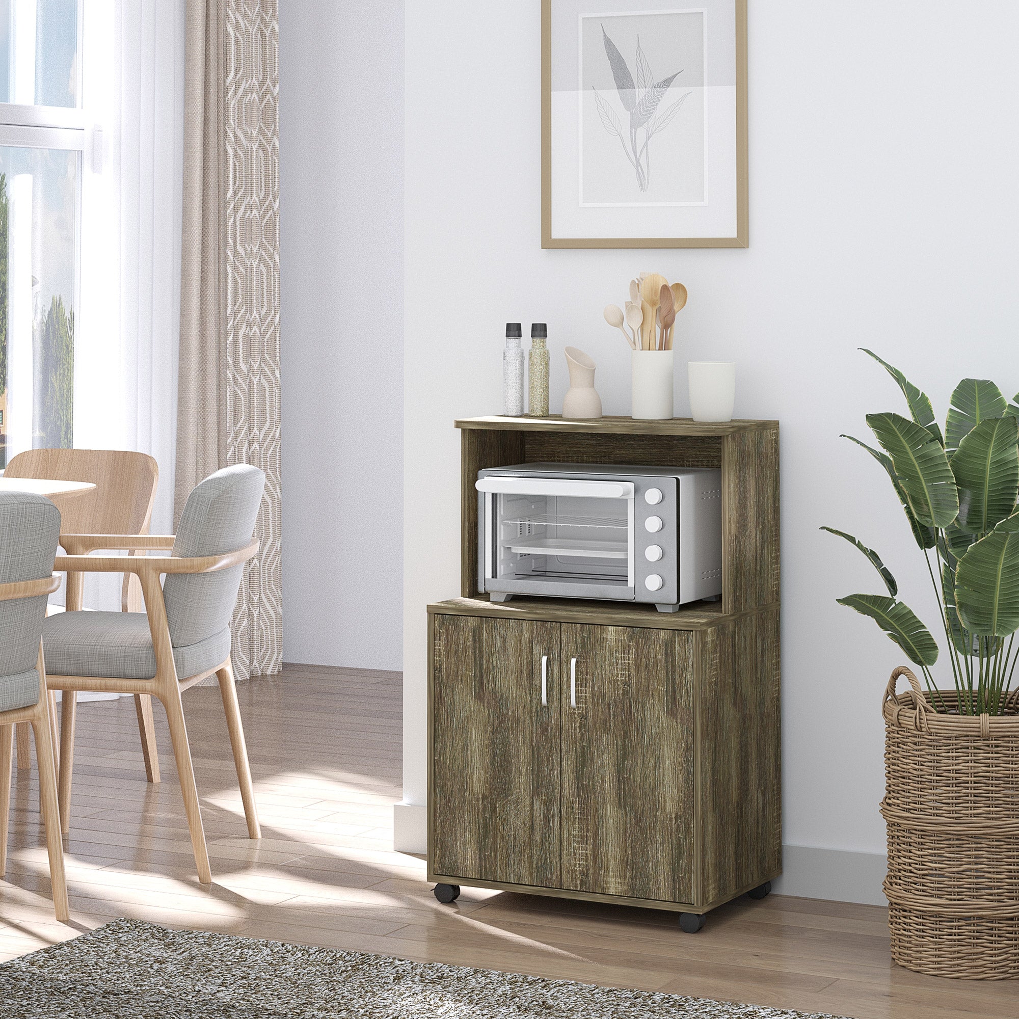 HOMCOM Microwave Cart on Wheels Utility Trolley Storage Sideboard Bookcase with 2-door Cabinet, Grey Wood Grain