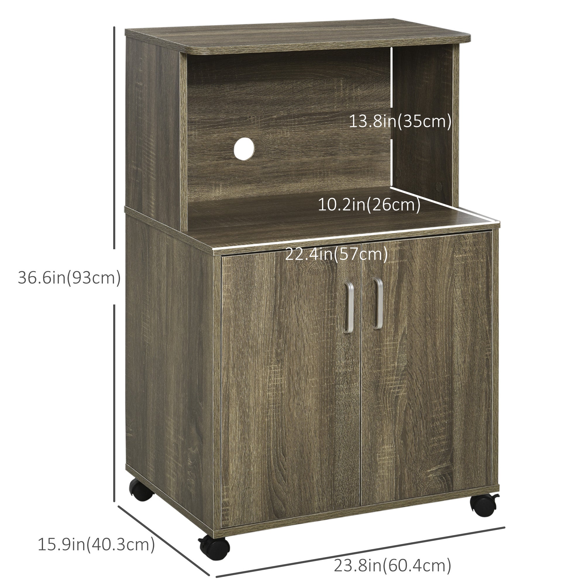 HOMCOM Microwave Cart on Wheels Utility Trolley Storage Sideboard Bookcase with 2-door Cabinet, Grey Wood Grain