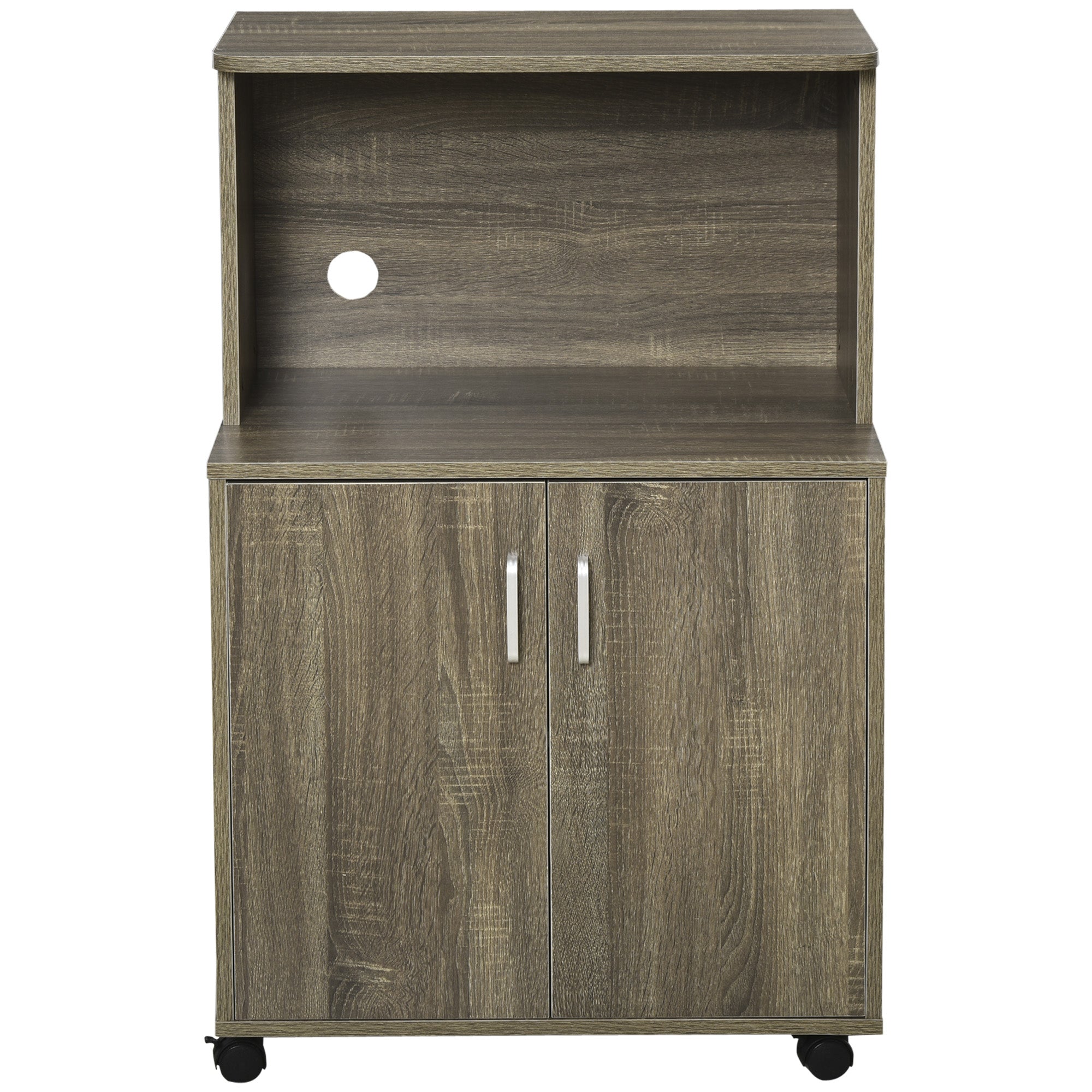 HOMCOM Microwave Cart on Wheels Utility Trolley Storage Sideboard Bookcase with 2-door Cabinet, Grey Wood Grain