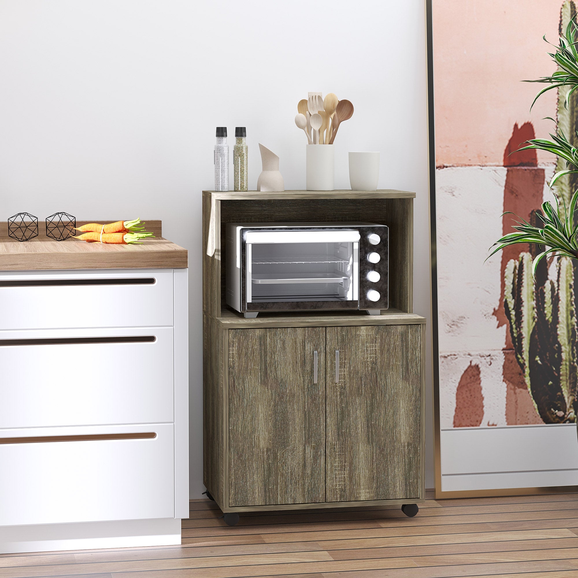 HOMCOM Microwave Cart on Wheels Utility Trolley Storage Sideboard Bookcase with 2-door Cabinet, Grey Wood Grain