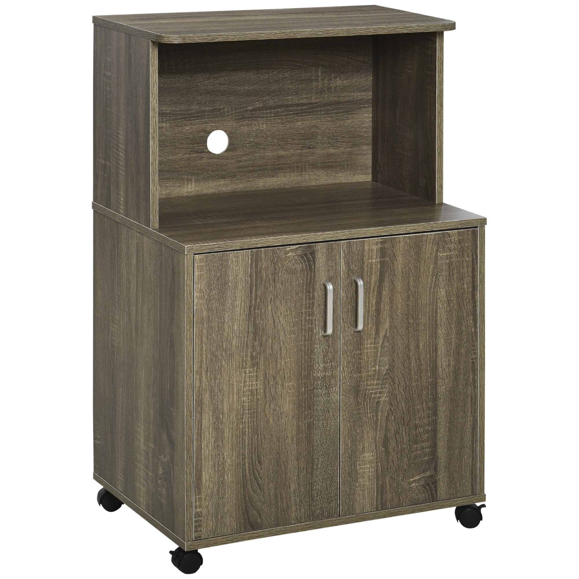 HOMCOM Microwave Cart on Wheels Utility Trolley Storage Sideboard Bookcase with 2-door Cabinet, Grey Wood Grain