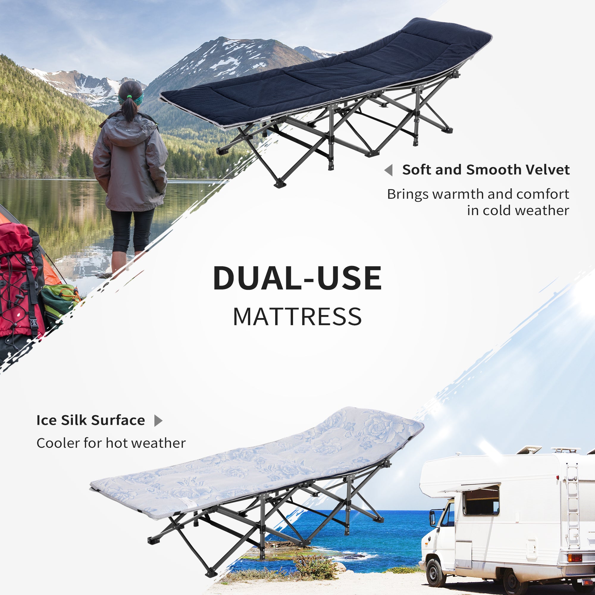 Outsunny Folding Camping Cot for Adults with Mattress & Pillow, Double Layer Oxford Heavy Duty Sleeping Cot with Carry Bag, Portable Travel Camp Cots for Indoor Outdoor, Grey&Blue