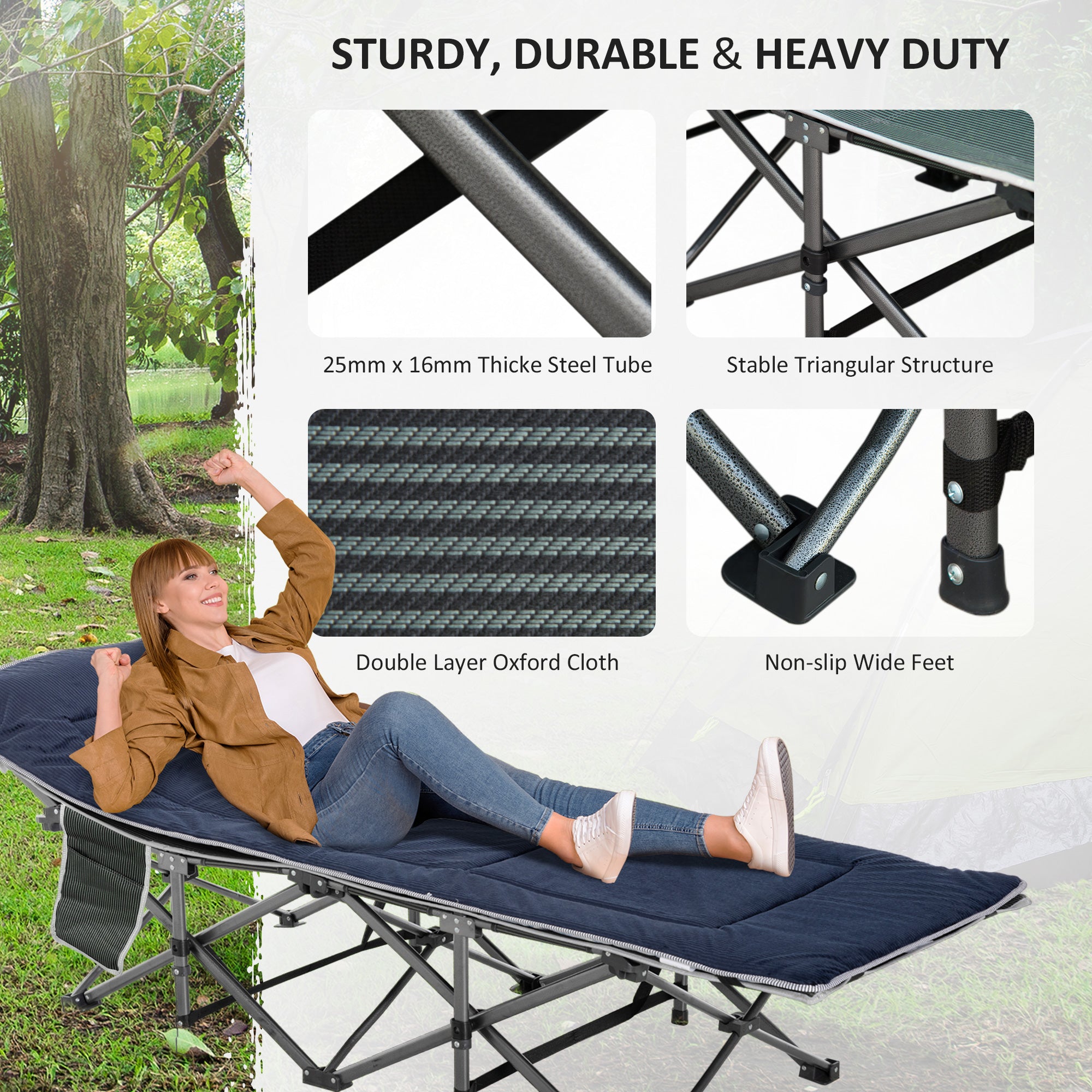 Outsunny Folding Camping Cot for Adults with Mattress & Pillow, Double Layer Oxford Heavy Duty Sleeping Cot with Carry Bag, Portable Travel Camp Cots for Indoor Outdoor, Grey&Blue