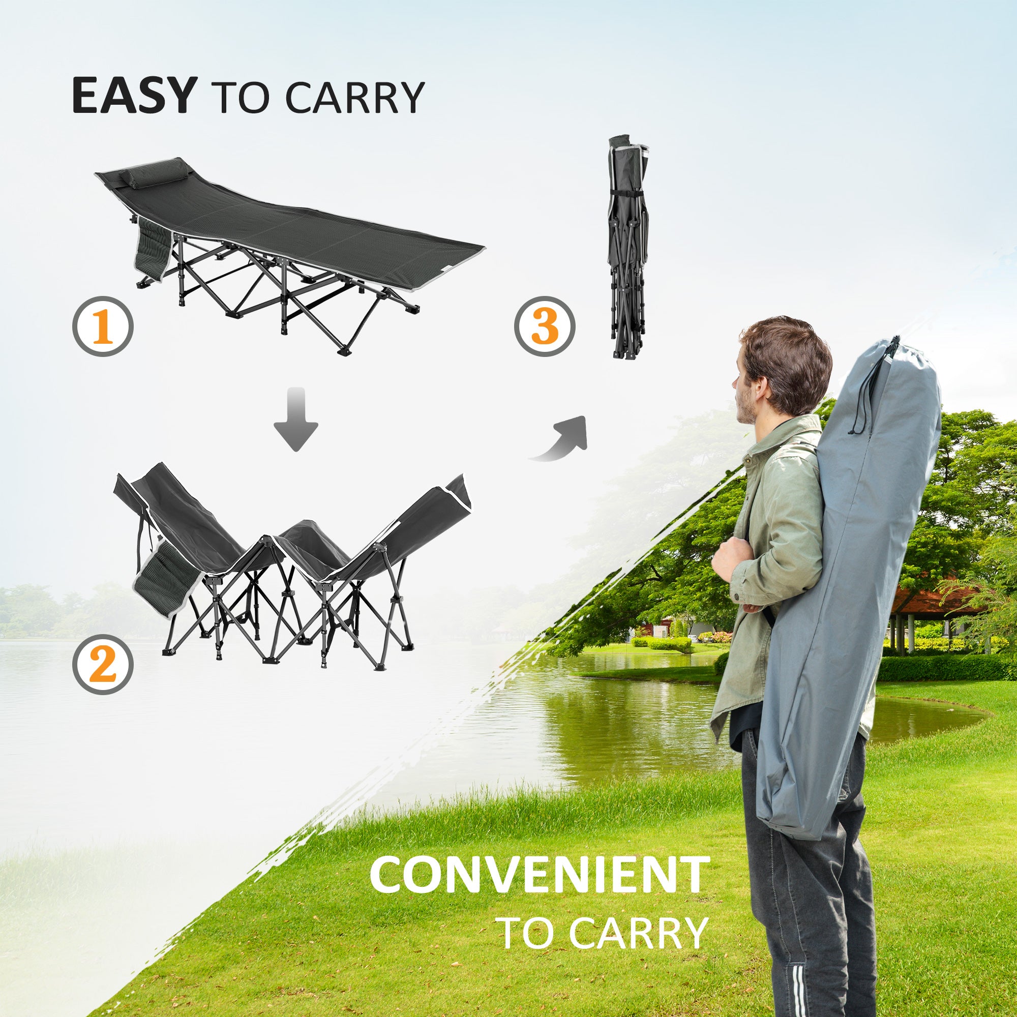 Outsunny Folding Camping Cot for Adults with Mattress & Pillow, Double Layer Oxford Heavy Duty Sleeping Cot with Carry Bag, Portable Travel Camp Cots for Indoor Outdoor, Grey&Blue