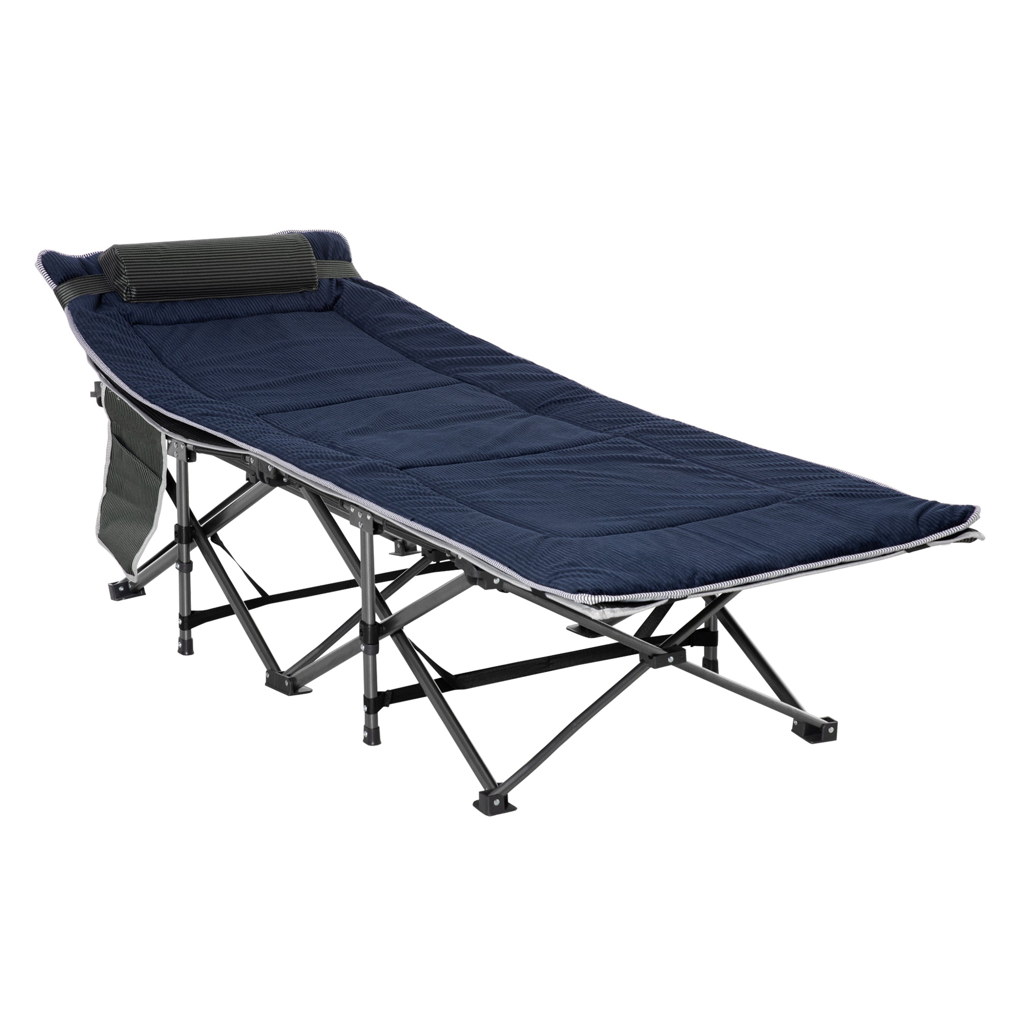 Outsunny Folding Camping Cot for Adults with Mattress & Pillow, Double Layer Oxford Heavy Duty Sleeping Cot with Carry Bag, Portable Travel Camp Cots for Indoor Outdoor, Grey&Blue