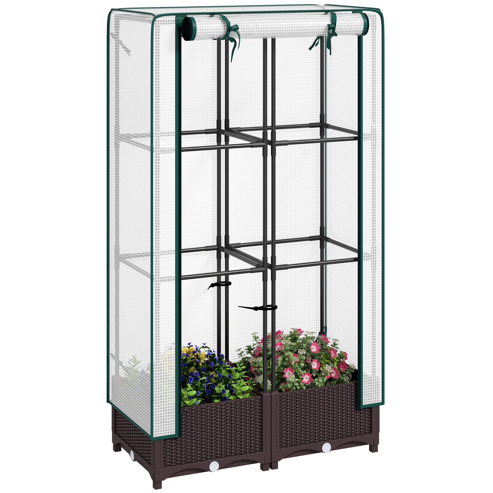 Outsunny Raised Garden Bed with Trellis, Outdoor Planter Box with PE Greenhouse Cover, Drainage Holes and Zipper Door for Patio, Backyard, Balcony, 31.5 x 15.7 x 48.8 inch, Brown