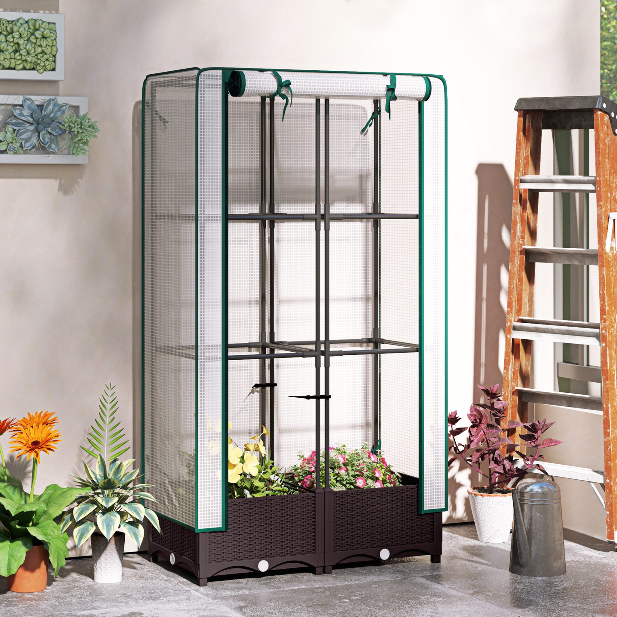 Outsunny Raised Garden Bed with Trellis, Outdoor Planter Box with PE Greenhouse Cover, Drainage Holes and Zipper Door for Patio, Backyard, Balcony, 31.5 x 15.7 x 48.8 inch, Brown