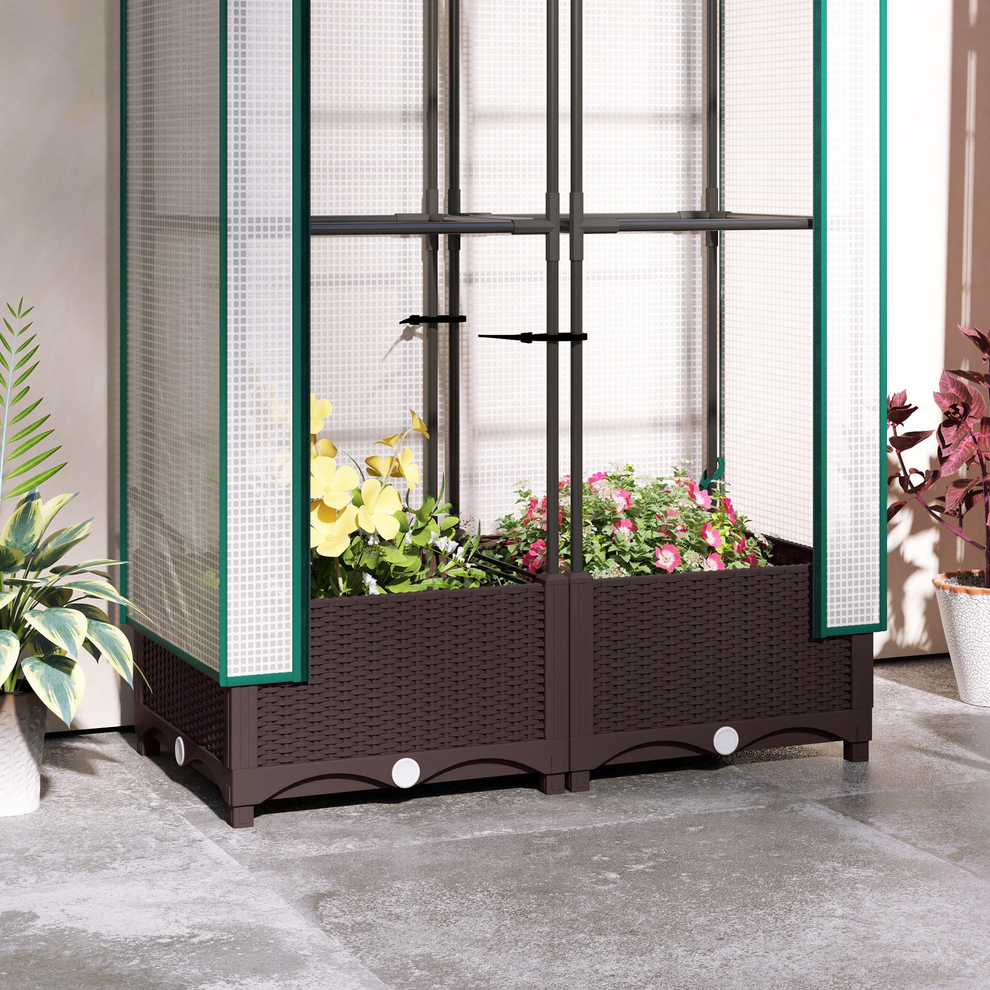 Outsunny Raised Garden Bed with Trellis, Outdoor Planter Box with PE Greenhouse Cover, Drainage Holes and Zipper Door for Patio, Backyard, Balcony, 31.5 x 15.7 x 48.8 inch, Brown