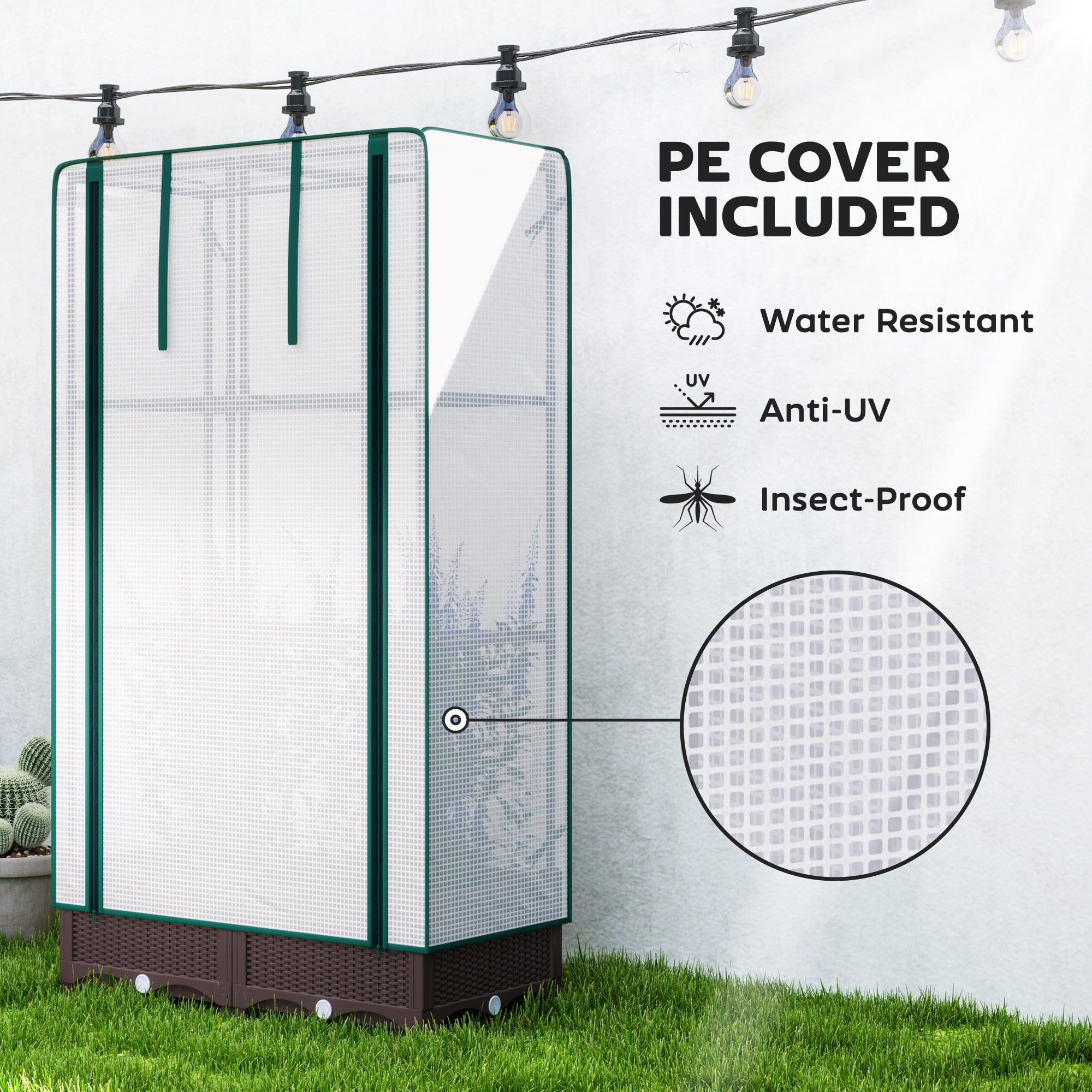 Outsunny Raised Garden Bed with Trellis, Outdoor Planter Box with PE Greenhouse Cover, Drainage Holes and Zipper Door for Patio, Backyard, Balcony, 31.5 x 15.7 x 48.8 inch, Brown