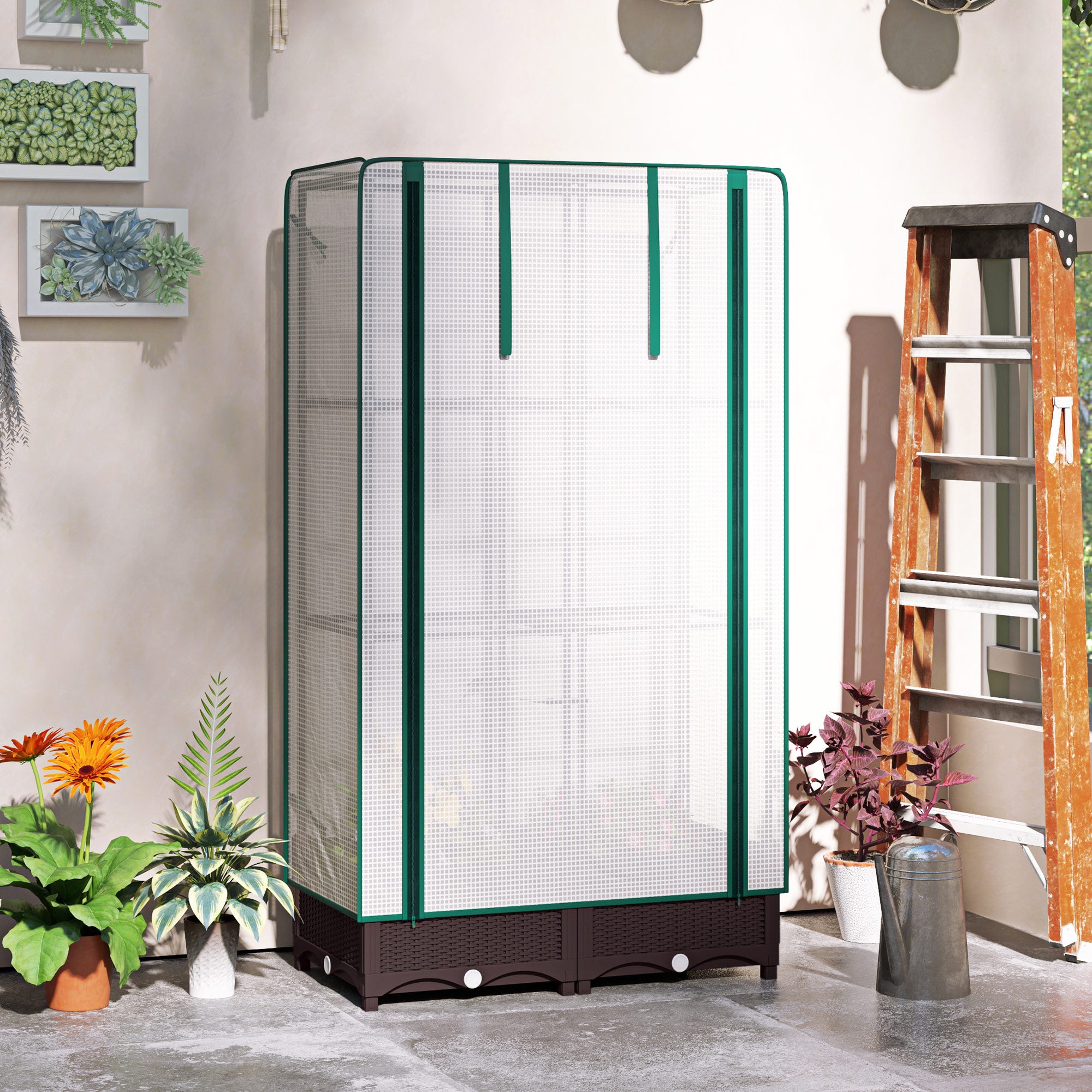 Outsunny Raised Garden Bed with Trellis, Outdoor Planter Box with PE Greenhouse Cover, Drainage Holes and Zipper Door for Patio, Backyard, Balcony, 31.5 x 15.7 x 48.8 inch, Brown