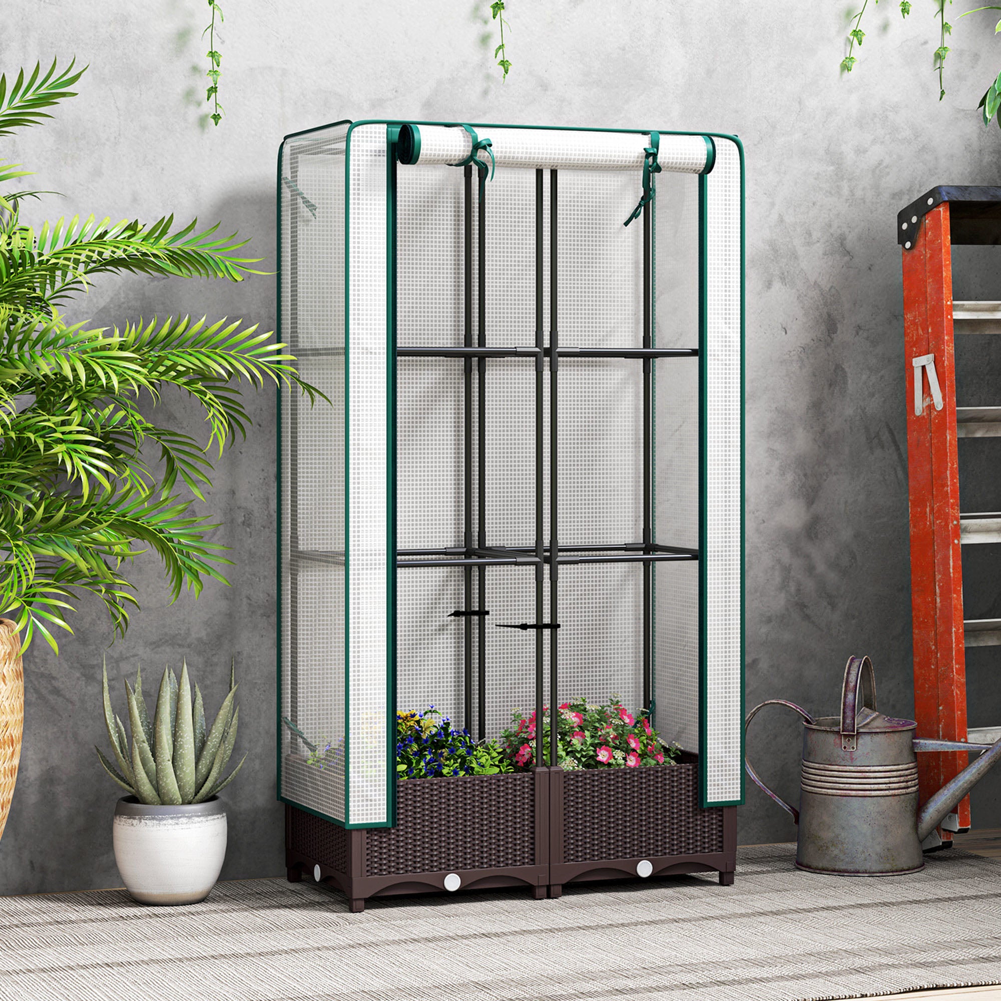 Outsunny Raised Garden Bed with Trellis, Outdoor Planter Box with PE Greenhouse Cover, Drainage Holes and Zipper Door for Patio, Backyard, Balcony, 31.5 x 15.7 x 48.8 inch, Brown