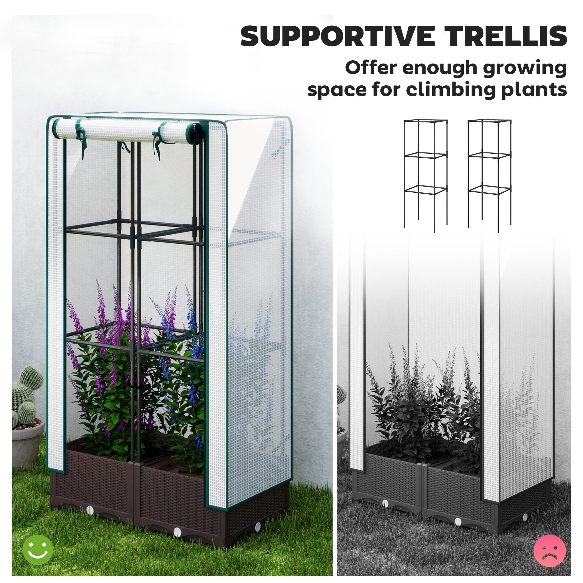 Outsunny Raised Garden Bed with Trellis, Outdoor Planter Box with PE Greenhouse Cover, Drainage Holes and Zipper Door for Patio, Backyard, Balcony, 31.5 x 15.7 x 48.8 inch, Brown