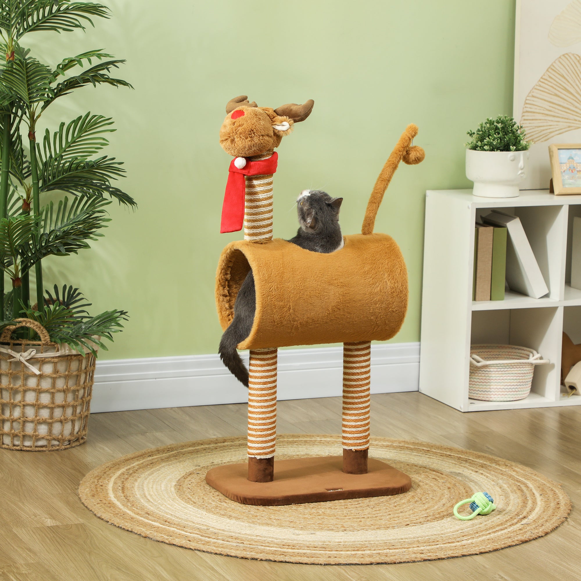 PawHut Cat Tree, 98cm Deer-Designed Cat Tower for Indoor Cats, Kittens, with Scratching Posts, Toy Ball, Tunnel, Brown