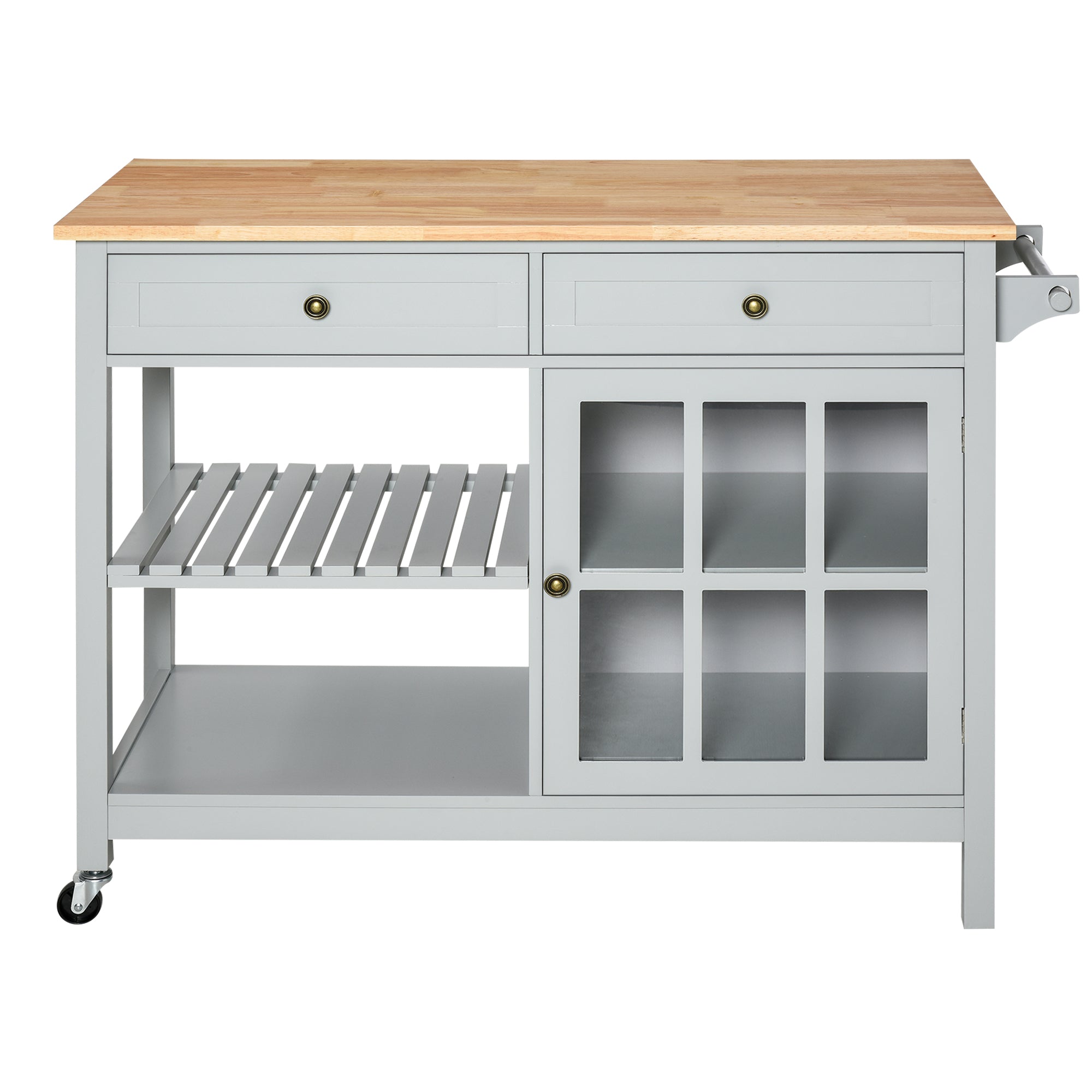 HOMCOM Kitchen Island with Storage, Kitchen Cart on Wheels with Rubber Wood Top, Rolling Cart with Towel Rack, Cabinets, 2 Open Shelves and 2 Drawers for Dining Room, Grey