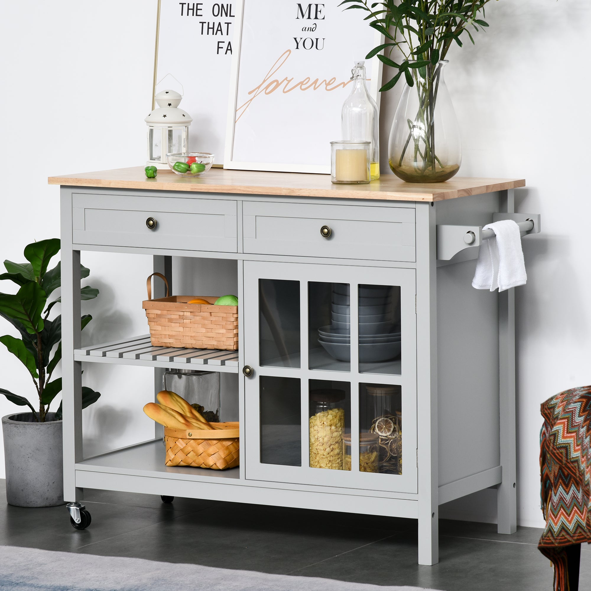HOMCOM Kitchen Island with Storage, Kitchen Cart on Wheels with Rubber Wood Top, Rolling Cart with Towel Rack, Cabinets, 2 Open Shelves and 2 Drawers for Dining Room, Grey