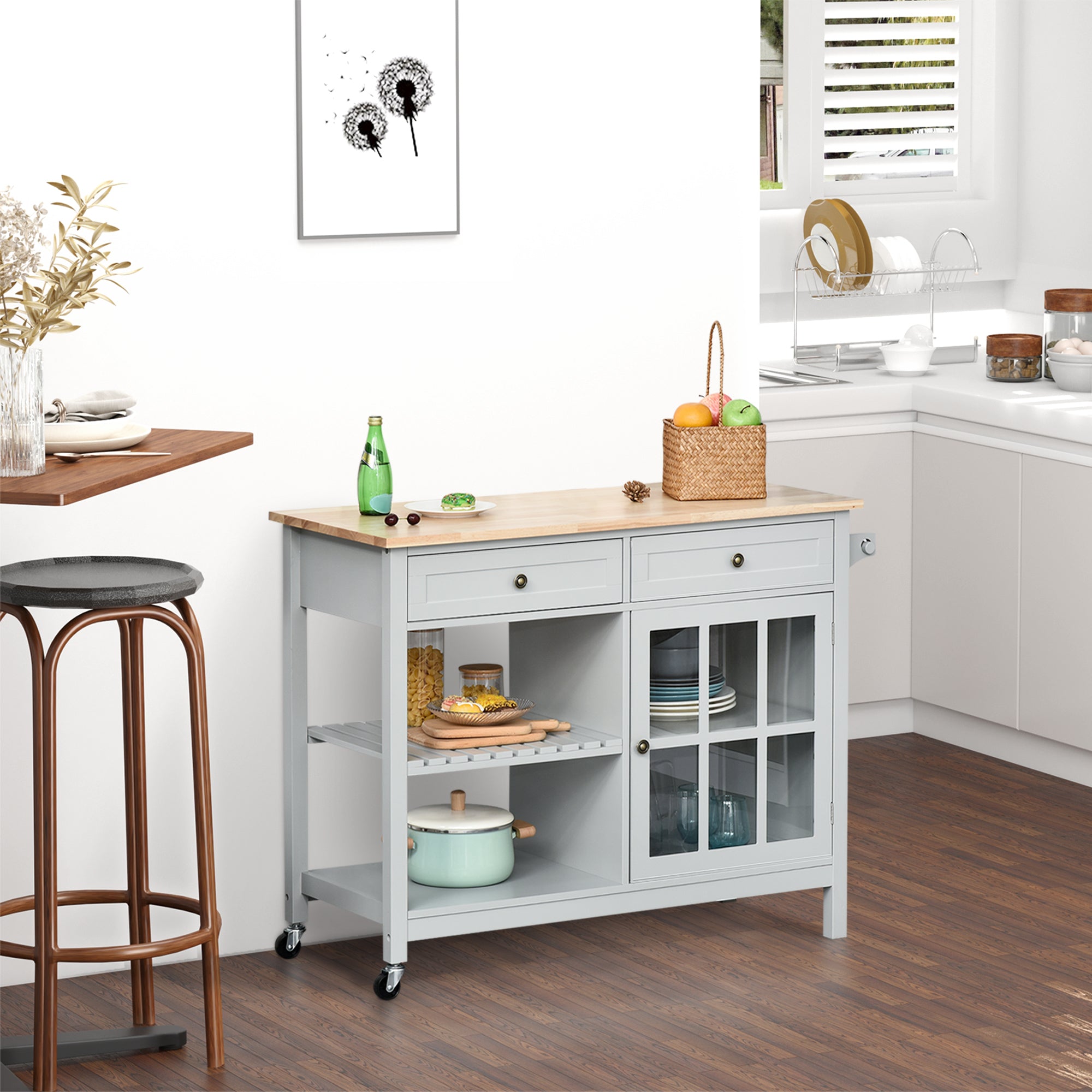 HOMCOM Kitchen Island with Storage, Kitchen Cart on Wheels with Rubber Wood Top, Rolling Cart with Towel Rack, Cabinets, 2 Open Shelves and 2 Drawers for Dining Room, Grey
