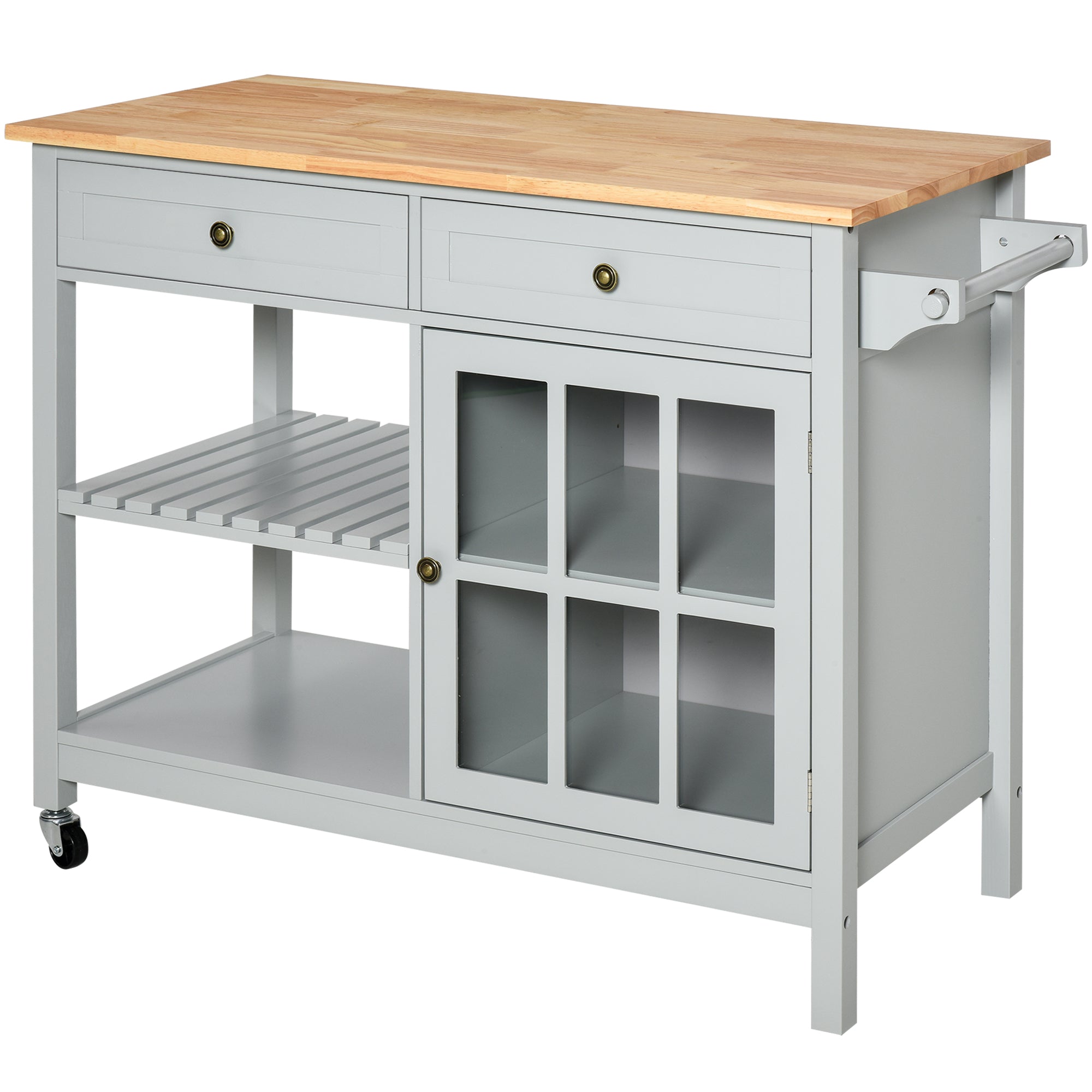 HOMCOM Kitchen Island with Storage, Kitchen Cart on Wheels with Rubber Wood Top, Rolling Cart with Towel Rack, Cabinets, 2 Open Shelves and 2 Drawers for Dining Room, Grey