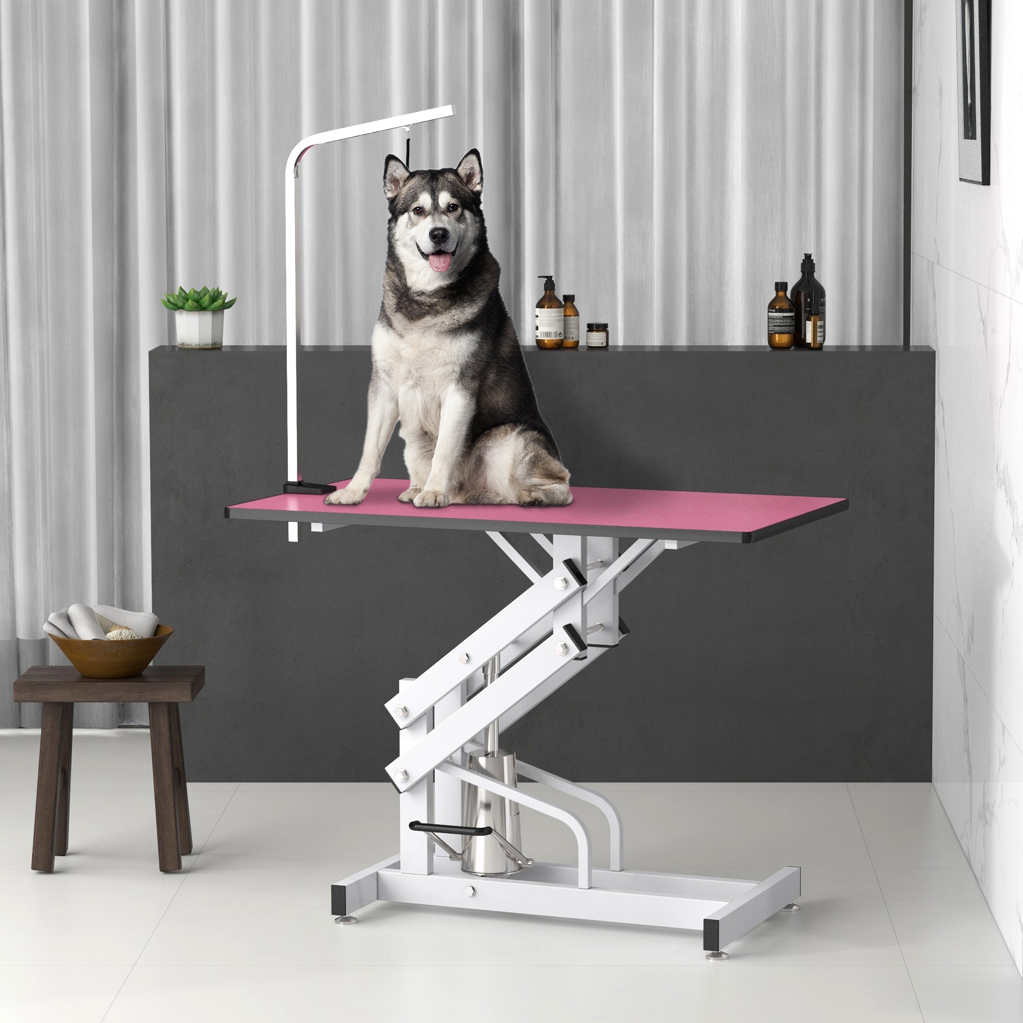 PawHut 43" Hydraulic Dog Grooming Table, Deluxe Professional Pet Grooming Table for Larger Dogs, Z-Lift Design with Arm Noose - Pink
