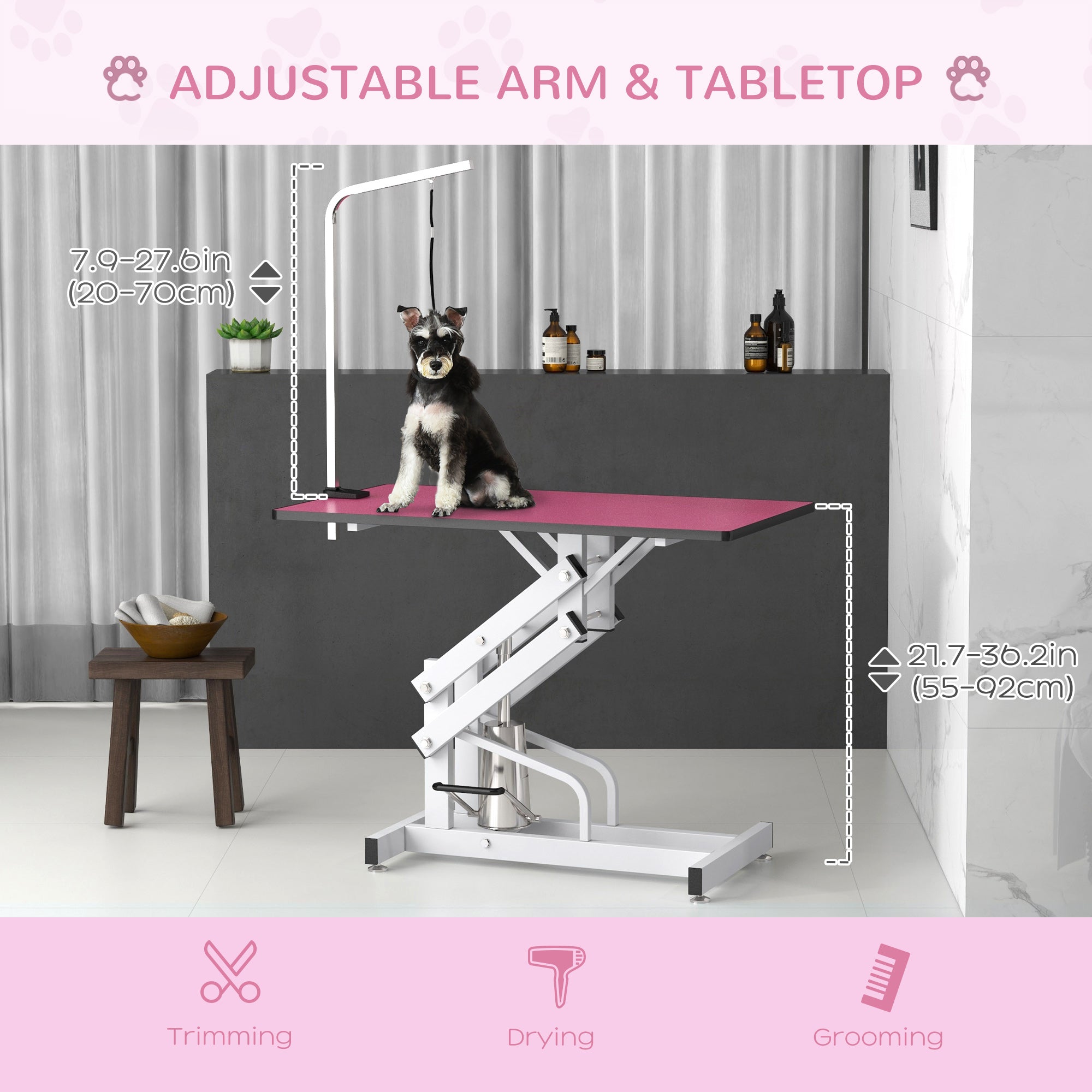 PawHut 43" Hydraulic Dog Grooming Table, Deluxe Professional Pet Grooming Table for Larger Dogs, Z-Lift Design with Arm Noose - Pink