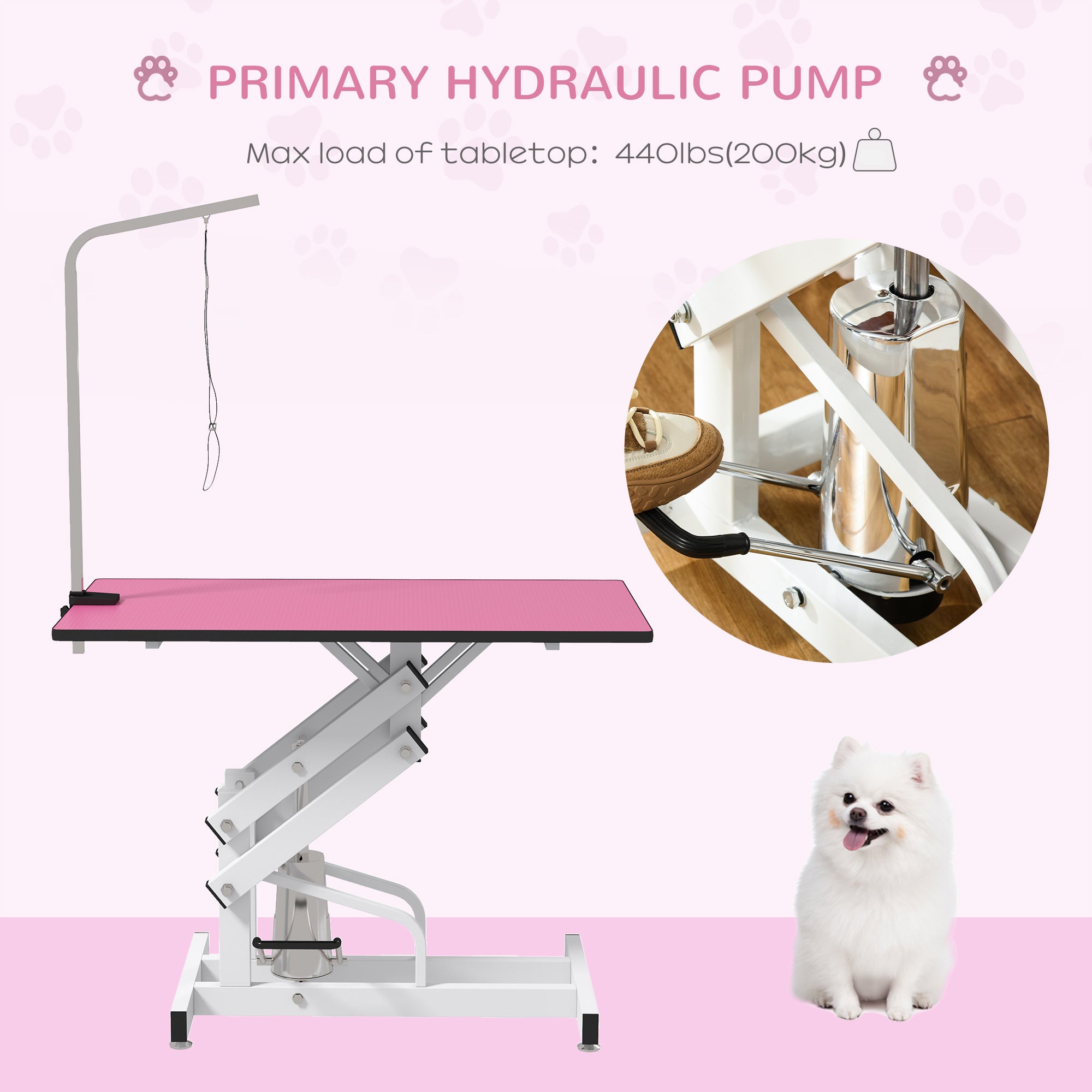 PawHut 43" Hydraulic Dog Grooming Table, Deluxe Professional Pet Grooming Table for Larger Dogs, Z-Lift Design with Arm Noose - Pink