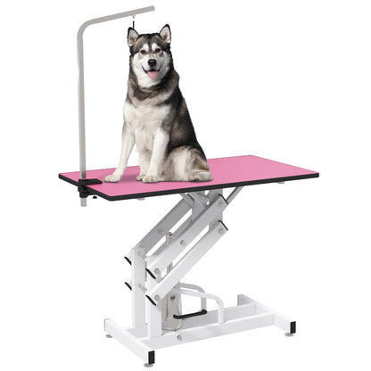 PawHut 43" Hydraulic Dog Grooming Table, Deluxe Professional Pet Grooming Table for Larger Dogs, Z-Lift Design with Arm Noose - Pink