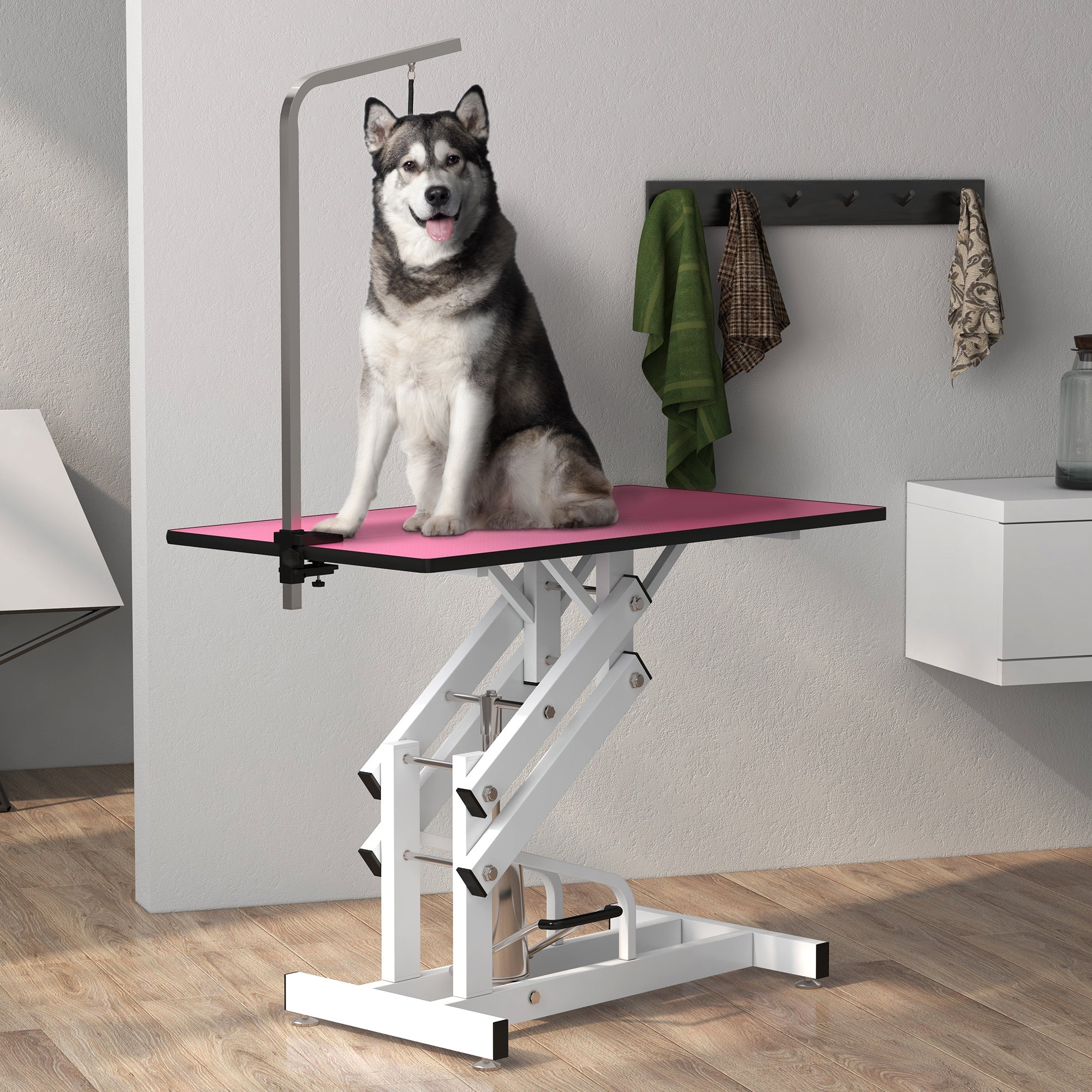 PawHut 43" Hydraulic Dog Grooming Table, Deluxe Professional Pet Grooming Table for Larger Dogs, Z-Lift Design with Arm Noose - Pink