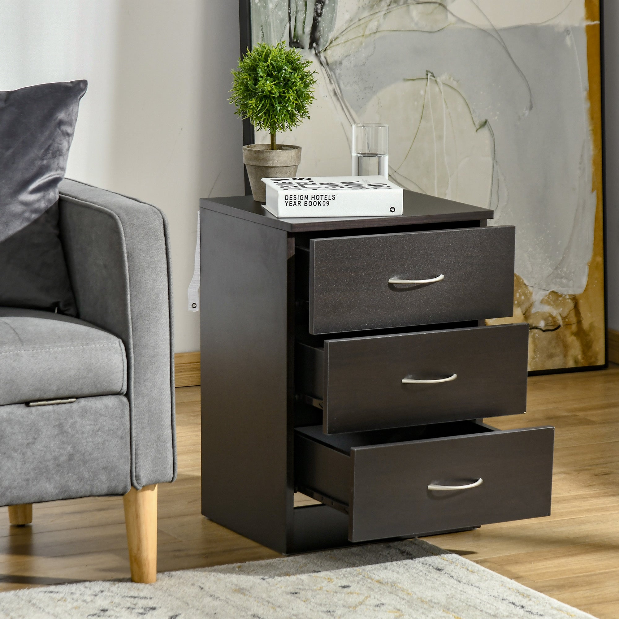 HOMCOM Bedside Table with 3 Drawers, Modern Wood Nightstand, Side Table with Anti-tipping Design for Bedroom, Dark Brown