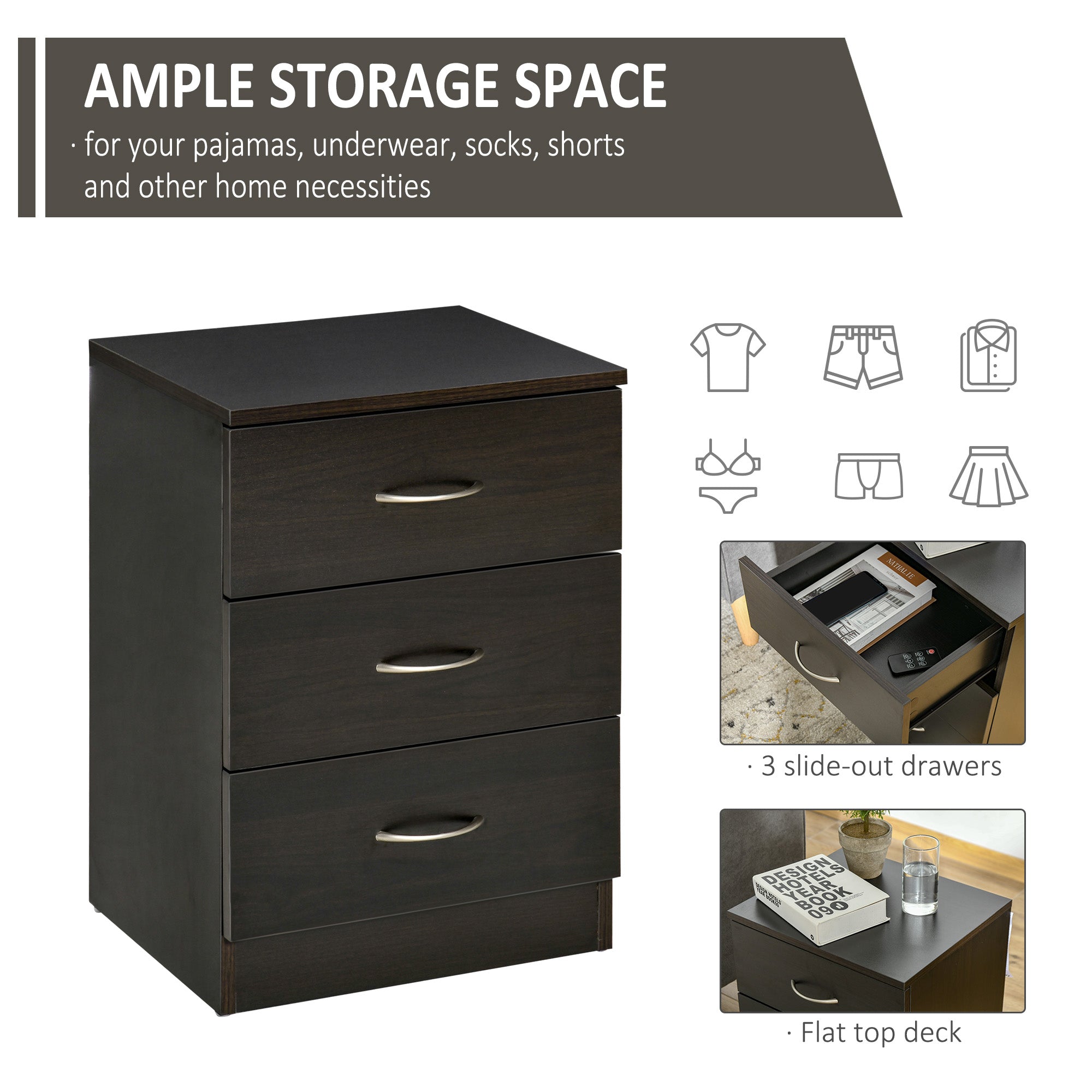 HOMCOM Bedside Table with 3 Drawers, Modern Wood Nightstand, Side Table with Anti-tipping Design for Bedroom, Dark Brown