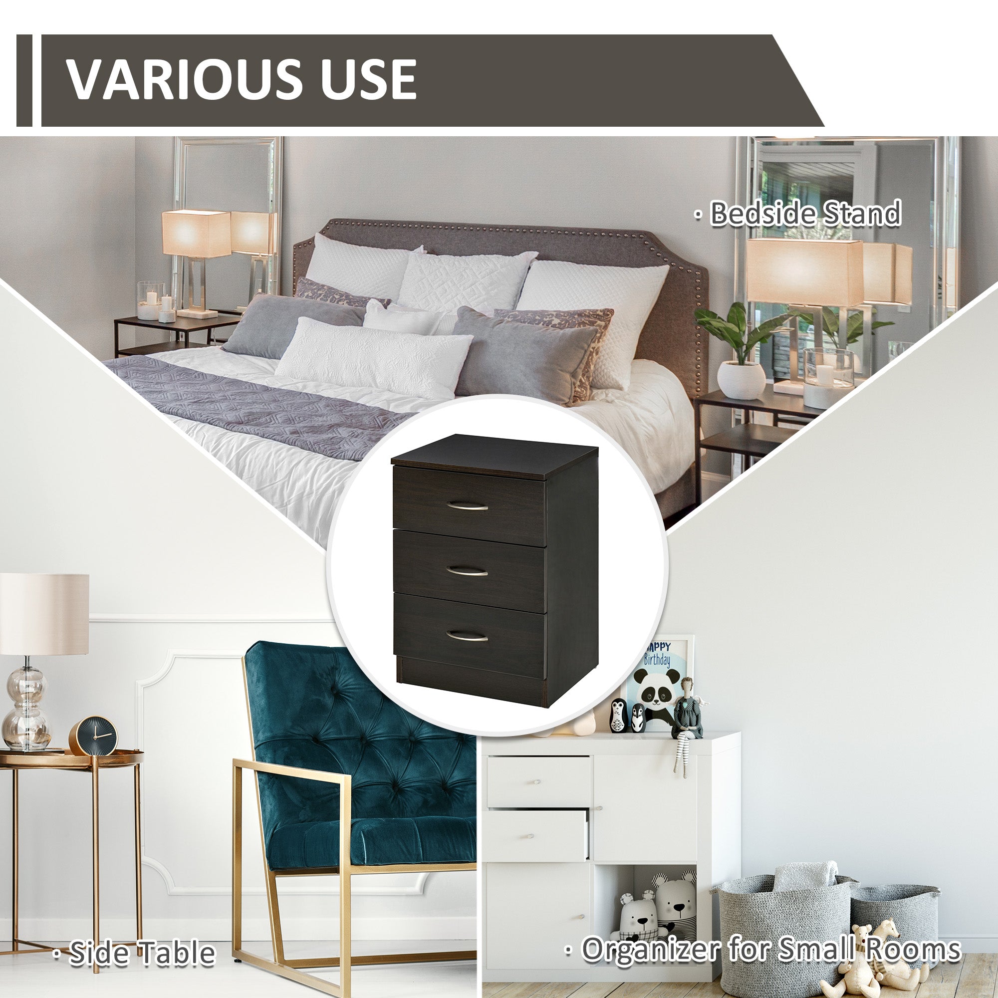 HOMCOM Bedside Table with 3 Drawers, Modern Wood Nightstand, Side Table with Anti-tipping Design for Bedroom, Dark Brown