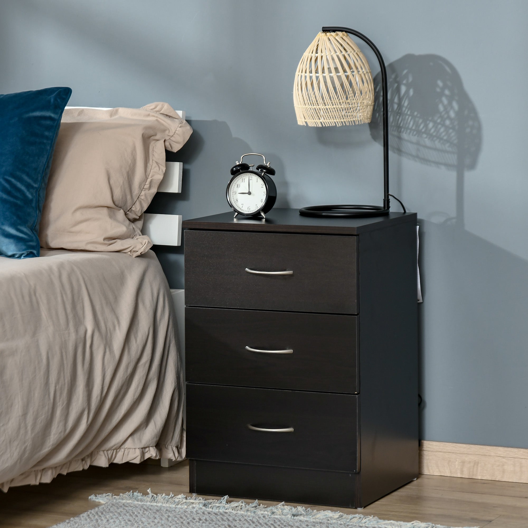 HOMCOM Bedside Table with 3 Drawers, Modern Wood Nightstand, Side Table with Anti-tipping Design for Bedroom, Dark Brown