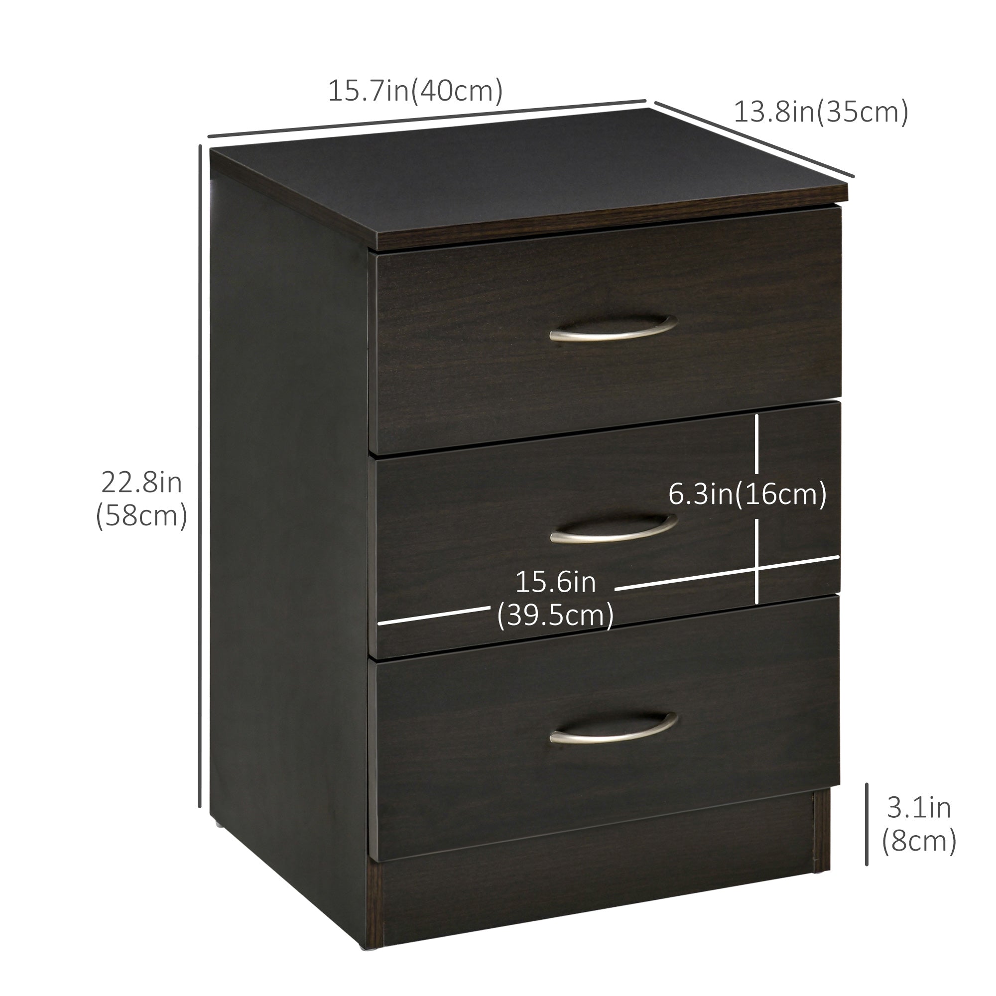 HOMCOM Bedside Table with 3 Drawers, Modern Wood Nightstand, Side Table with Anti-tipping Design for Bedroom, Dark Brown