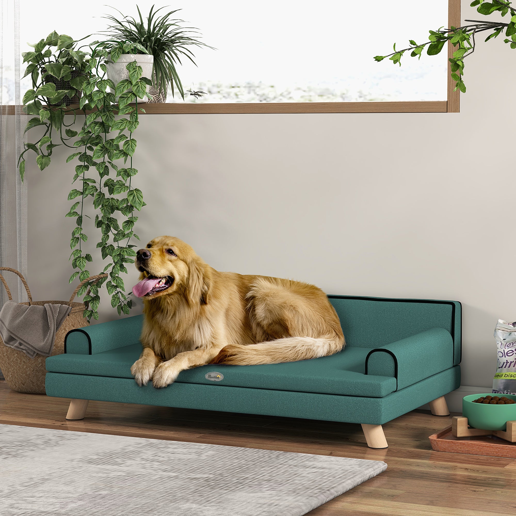 PawHut Dog Sofa with Legs Water-resistant Fabric, Pet Chair Bed for Large, Medium Dogs, Green, 100 x 62 x 32 cm