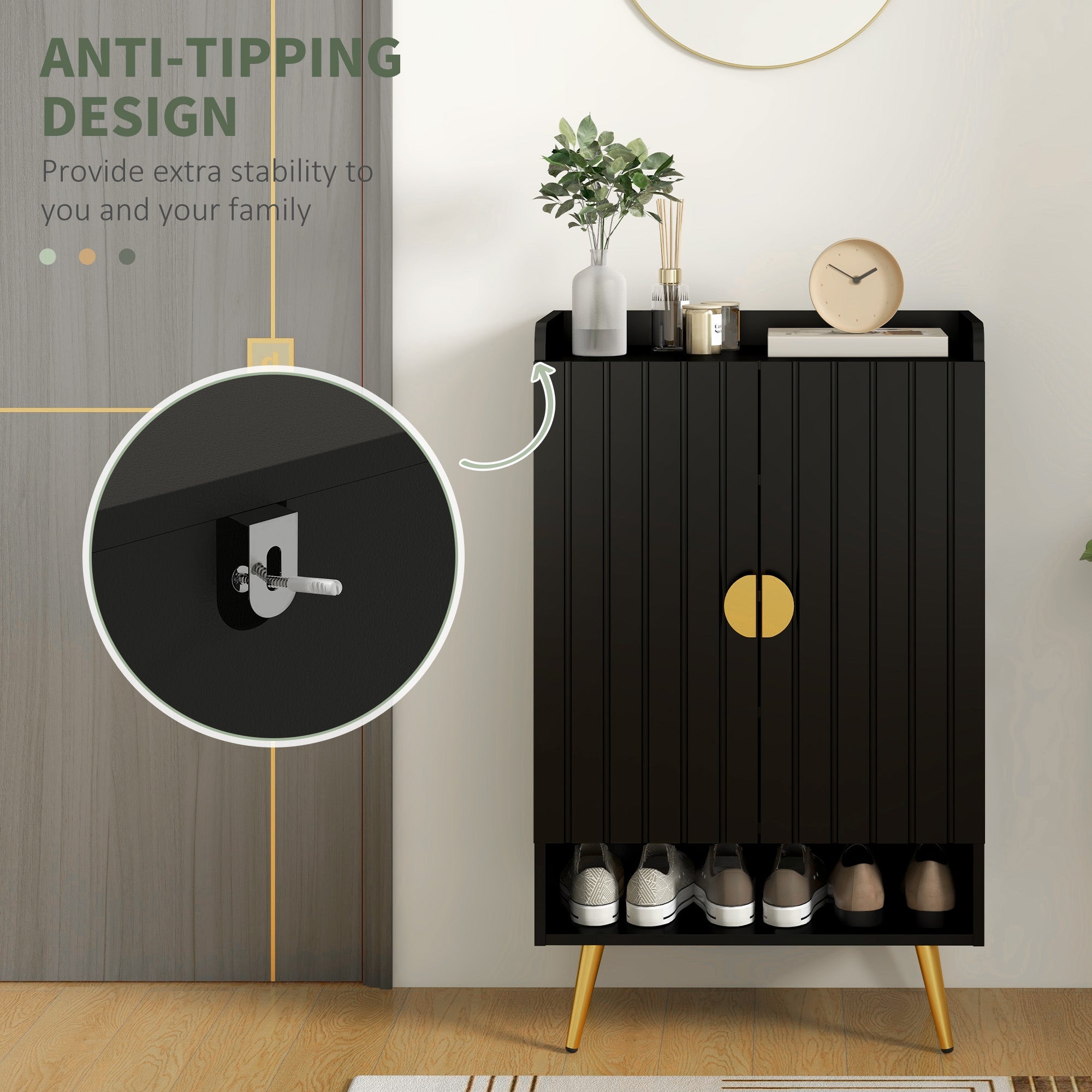 HOMCOM Narrow Shoe Cabinet for Entryway Shoe Storage Cabinet with 2 Doors, Adjustable Shelves and Open Shelf for 15 Pairs of Shoes, Black