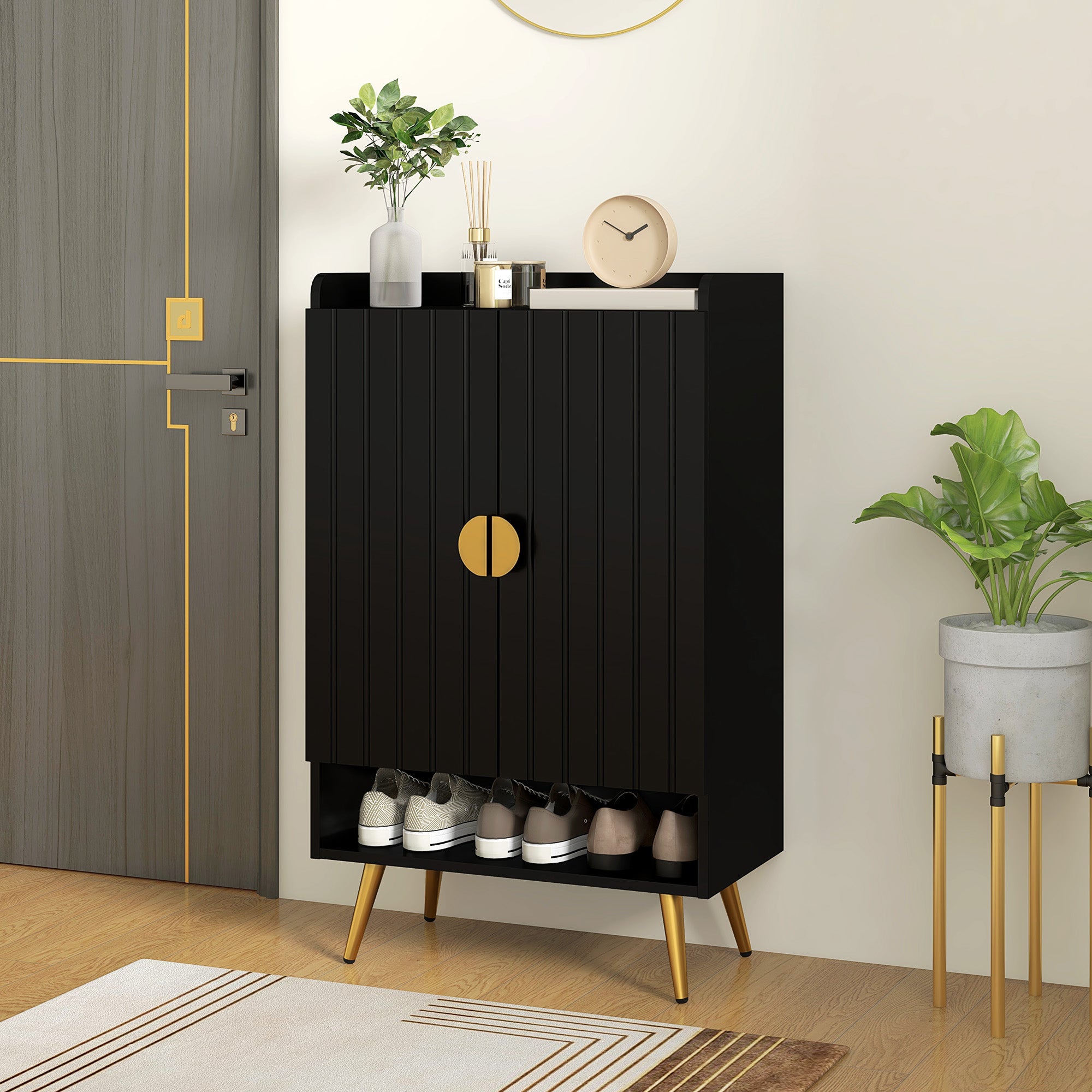 HOMCOM Narrow Shoe Cabinet for Entryway Shoe Storage Cabinet with 2 Doors, Adjustable Shelves and Open Shelf for 15 Pairs of Shoes, Black