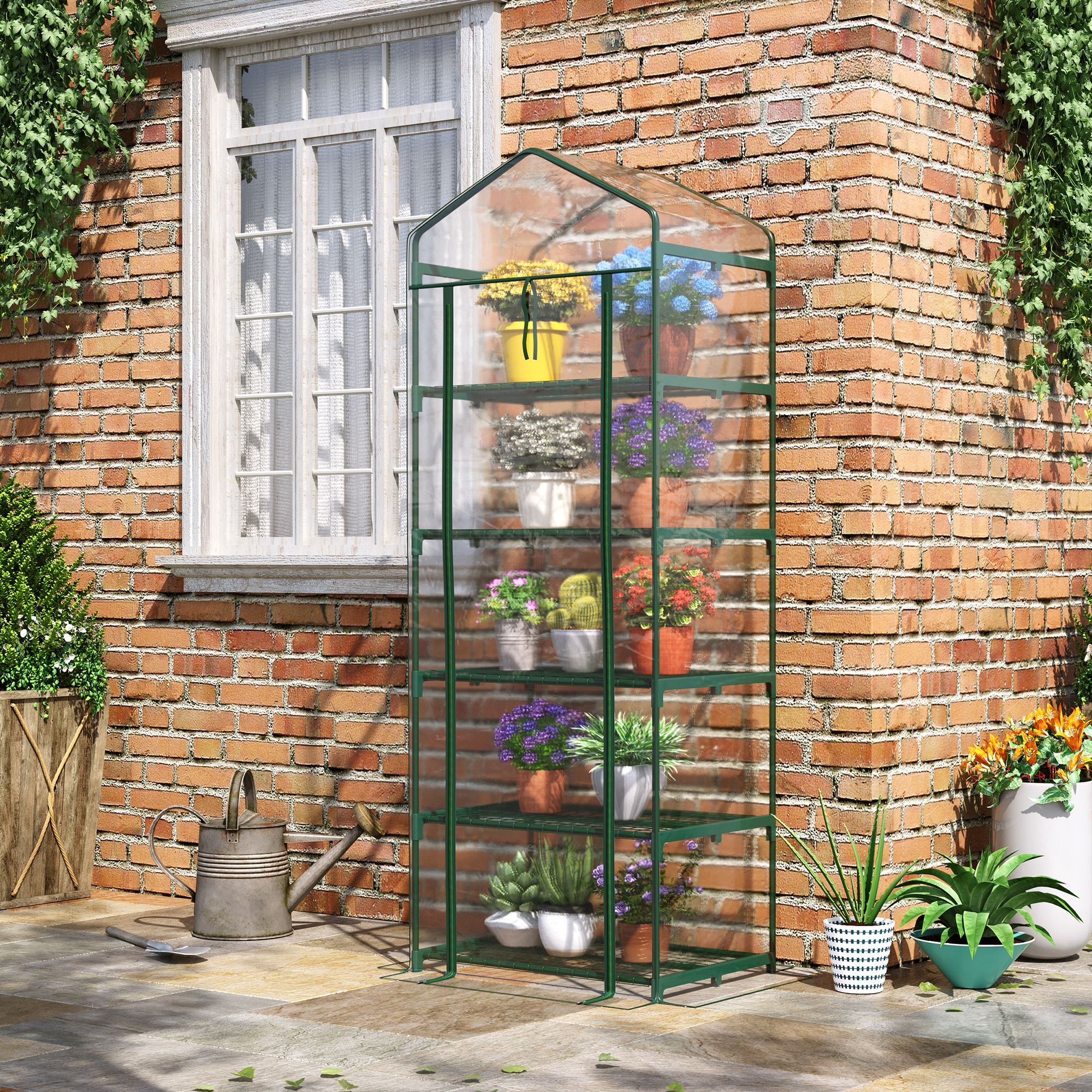 Outsunny 5 Tier Mini Greenhouse, Portable Outdoor Flower Stand with Shelf Clips, Indoor Greenhouse with Steel Frame, Transparent, 27.25