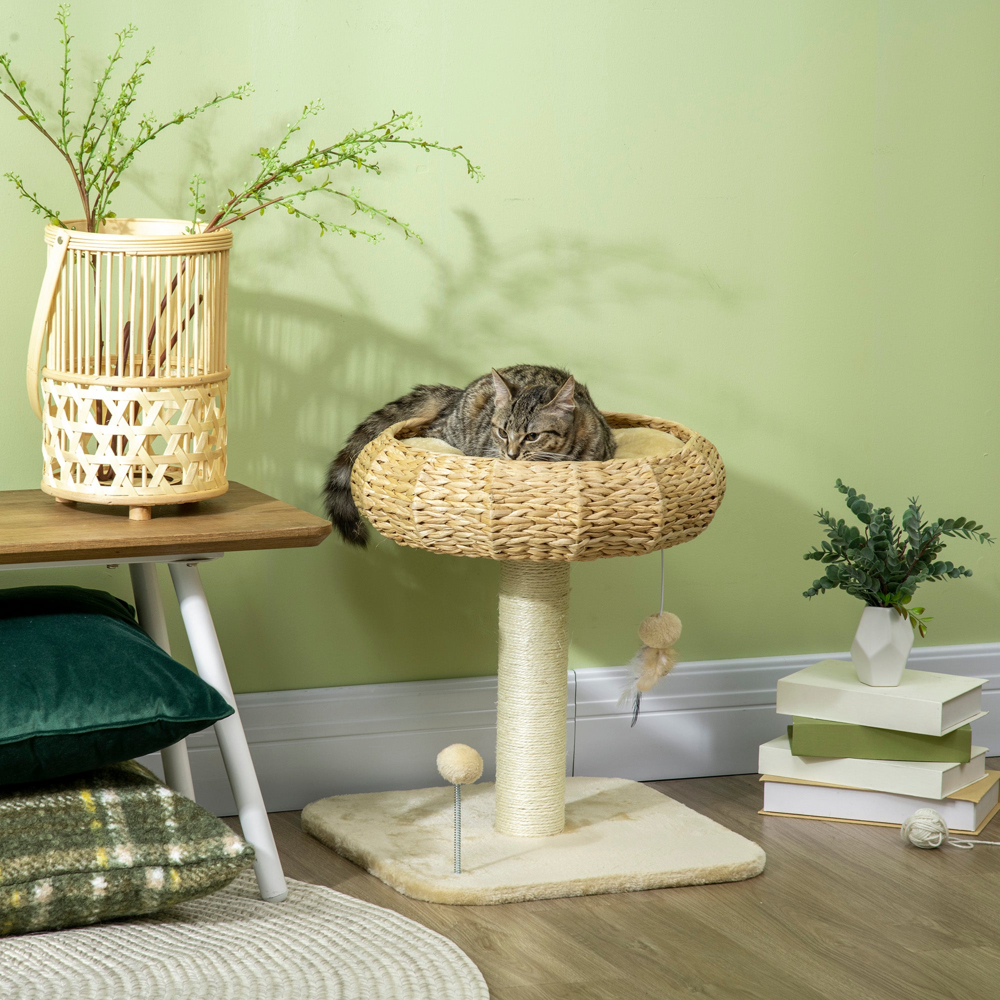 PawHut 51cm Cat Tree, Kitty Activity Center, Cat Climbing Toy, Cat Tower w/ Cattail Bed, Toy Ball, Scratching Post - Beige