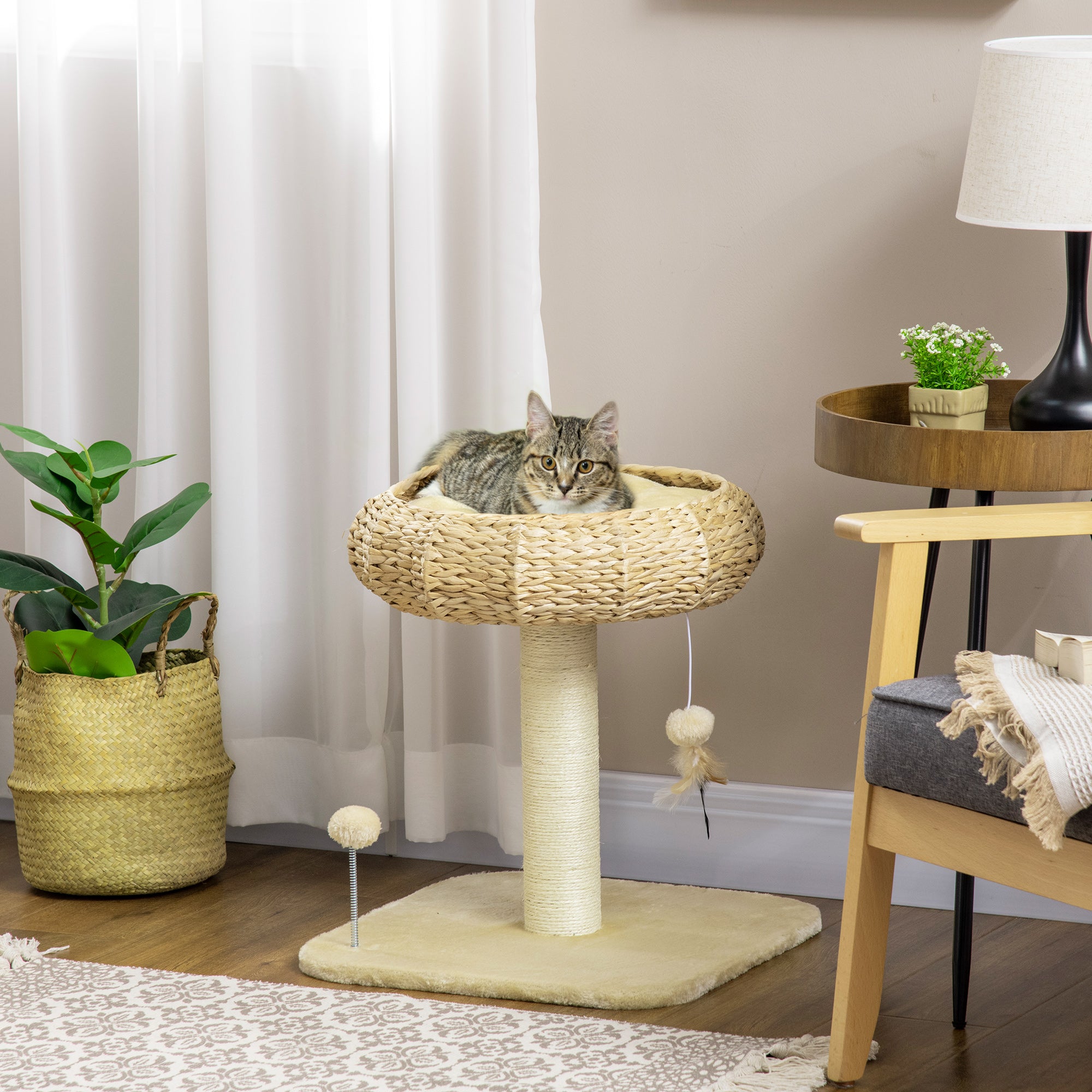 PawHut 51cm Cat Tree, Kitty Activity Center, Cat Climbing Toy, Cat Tower w/ Cattail Bed, Toy Ball, Scratching Post - Beige