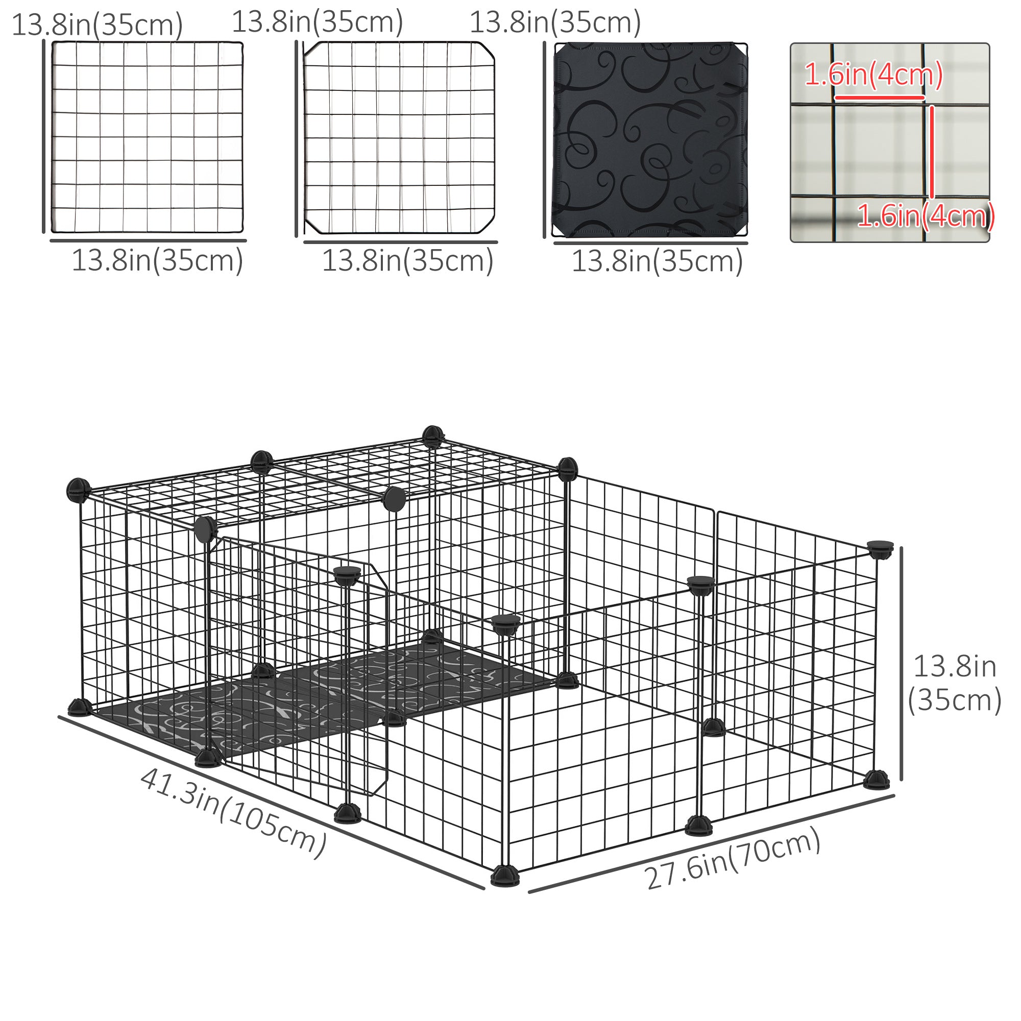 PawHut Small Animal Cage Rabbit Cage with Door, Guinea Pig Playpen, Small Animal Fence for Bunny, Chinchilla, Freret, Chinchilla, Indoor and Outdoor Use, Total 16 Panels, 41" x 28" x 14"