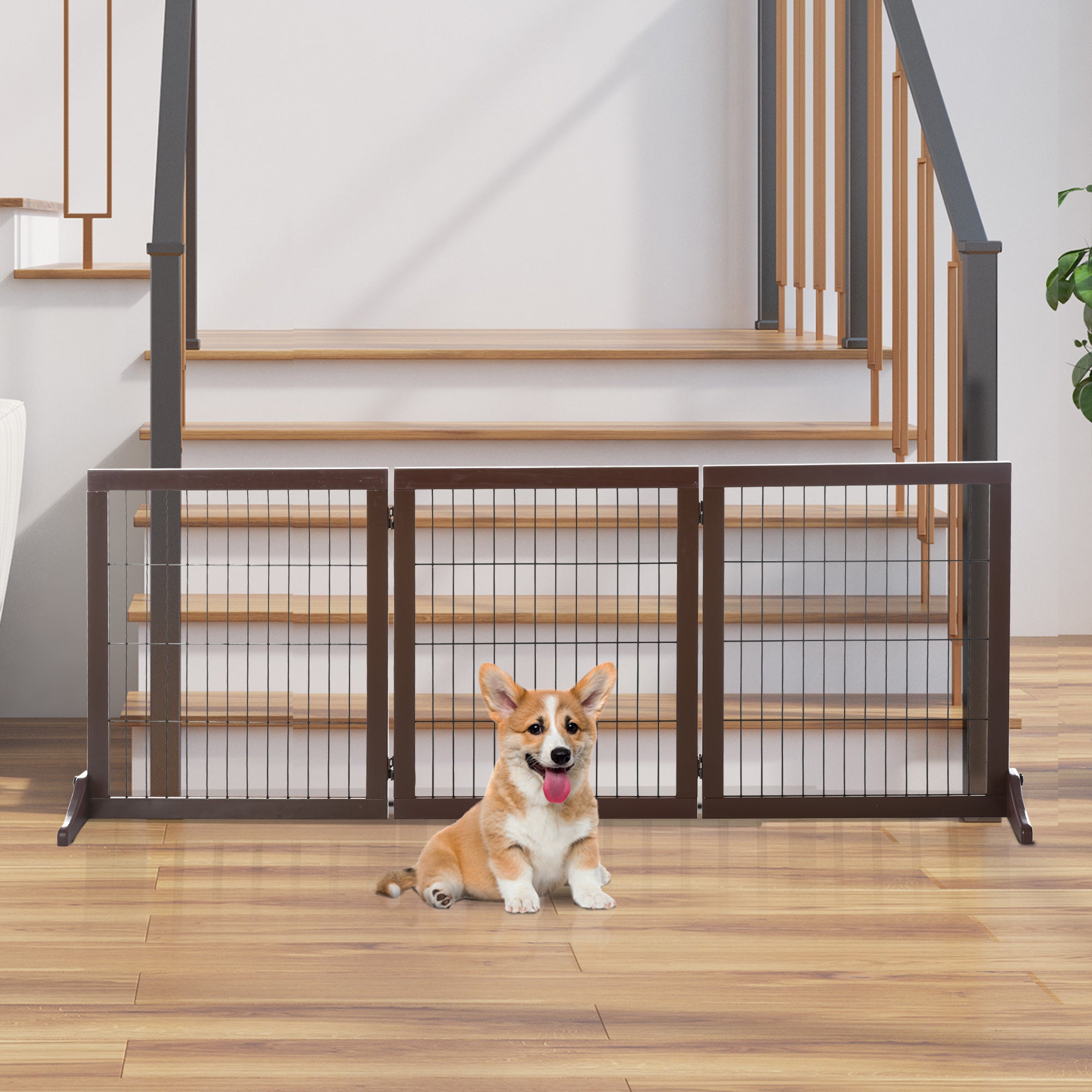 PawHut Freestanding Dog Gate 3 Panel Safety Pet Barrier Foldable w/ Support Feet Brown 185 x71 cm