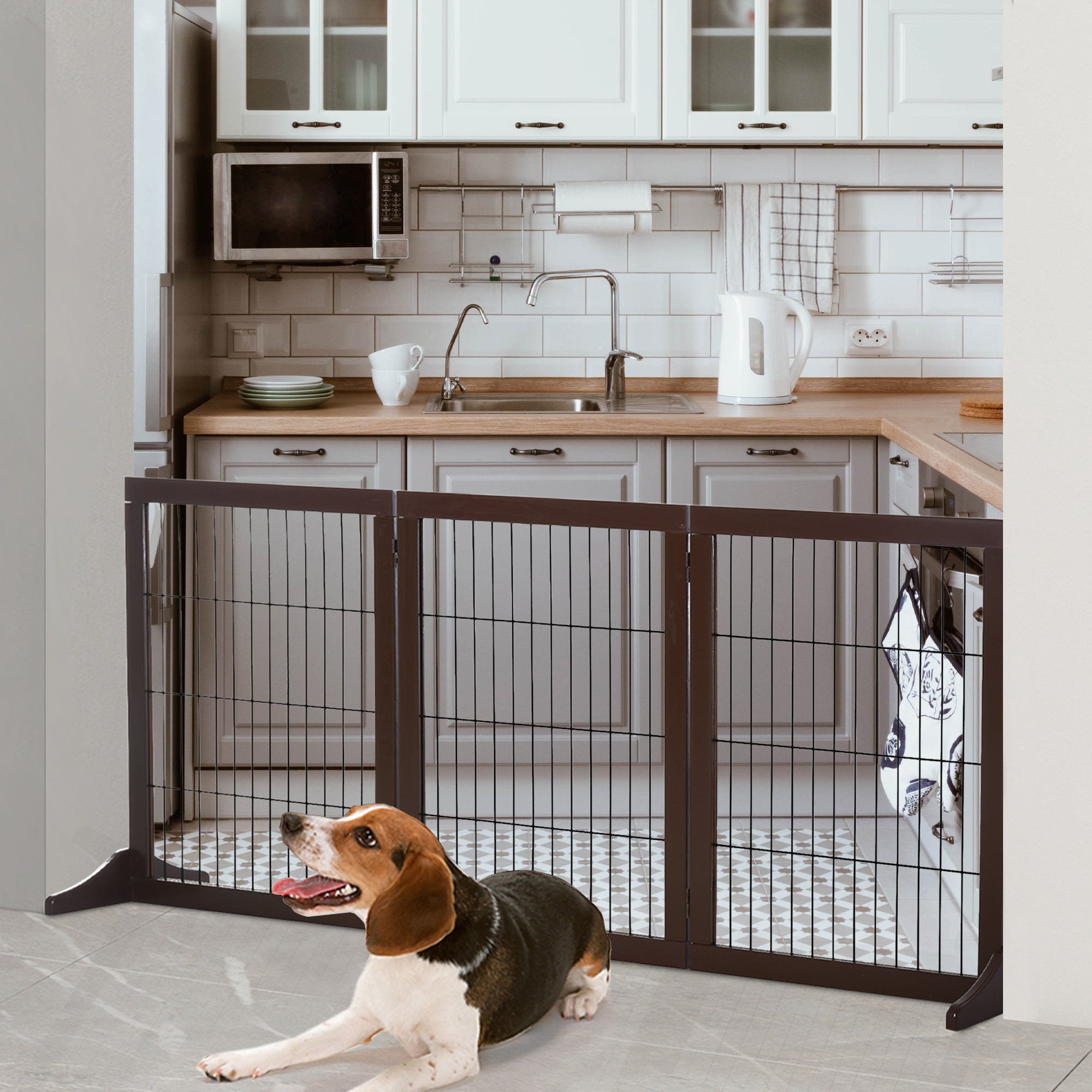 PawHut Freestanding Dog Gate 3 Panel Safety Pet Barrier Foldable w/ Support Feet Brown 185 x71 cm