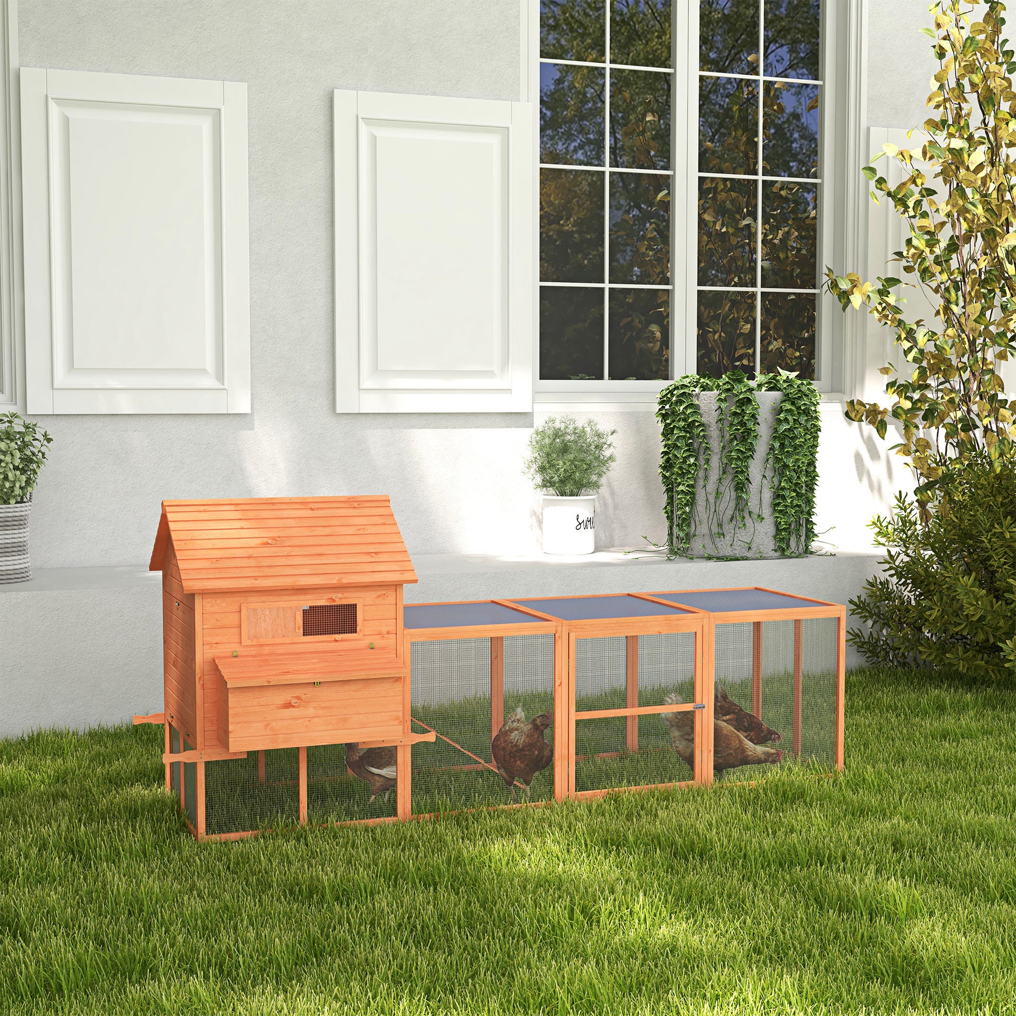 PawHut 145" Chicken Coop Large Chicken House Rabbit Hutch Wooden Poultry Cage Pen Garden & Backyard with Run & Inner Hen House Space